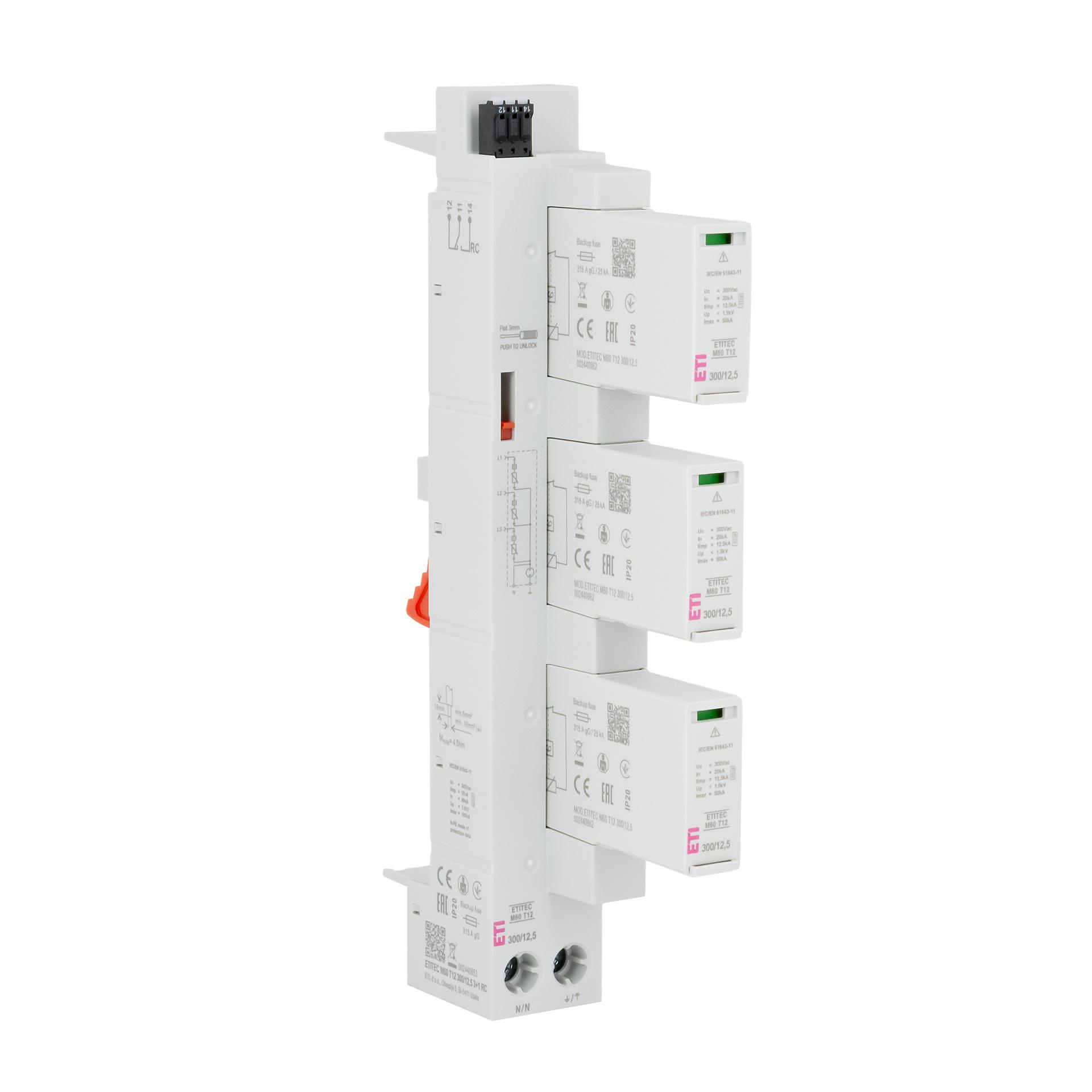 Scaricatore di sovratensione tipo 1+2, ETITEC M60 T12 300/12,5 3+1 RC, sistema da 60 mm