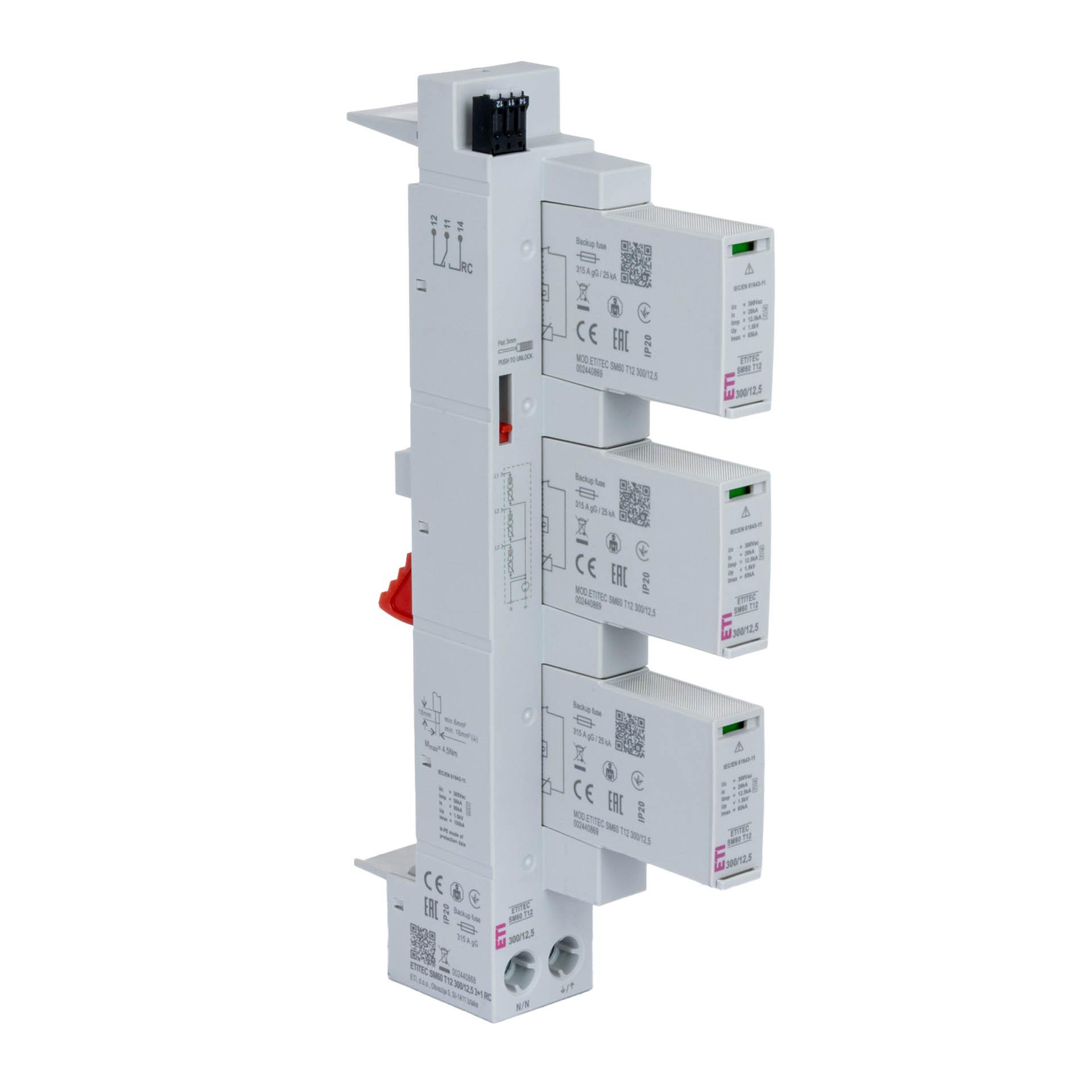 Surge arrester type 1+2, ETITEC M60 T12 300/12.5 3+1 RC, leakage current-free, 60mm system
