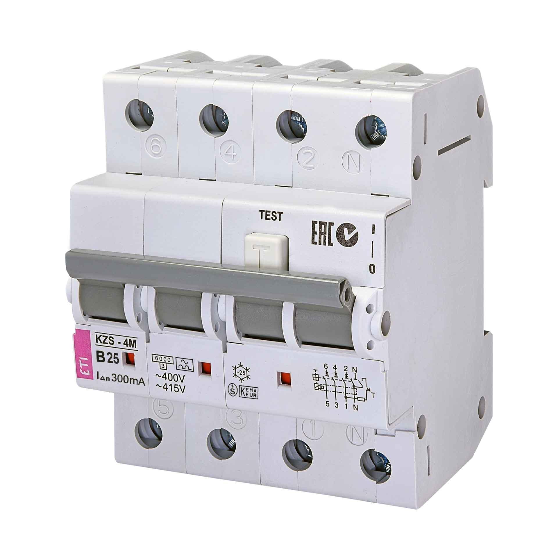 Disjoncteur différentiel (FI-LS),  KZS-4M, type A, 3 pôles+N, caractéristique B / 25A,, 6kA (0.3A)