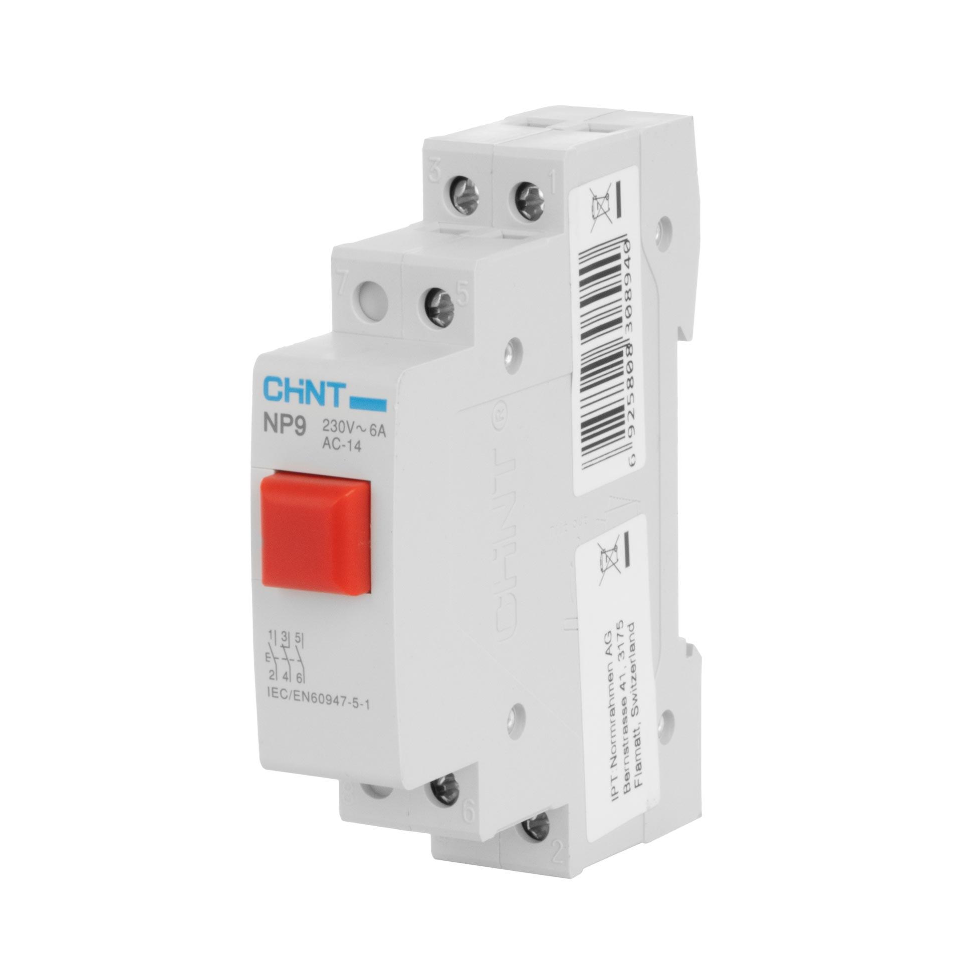 Pulsante Chint REG (rosso), 1 modulo, 230V AC/DC, 16A (Ith), 6A (Ie), 2 serrature. & 1 apertura, tipo NP9-21/2