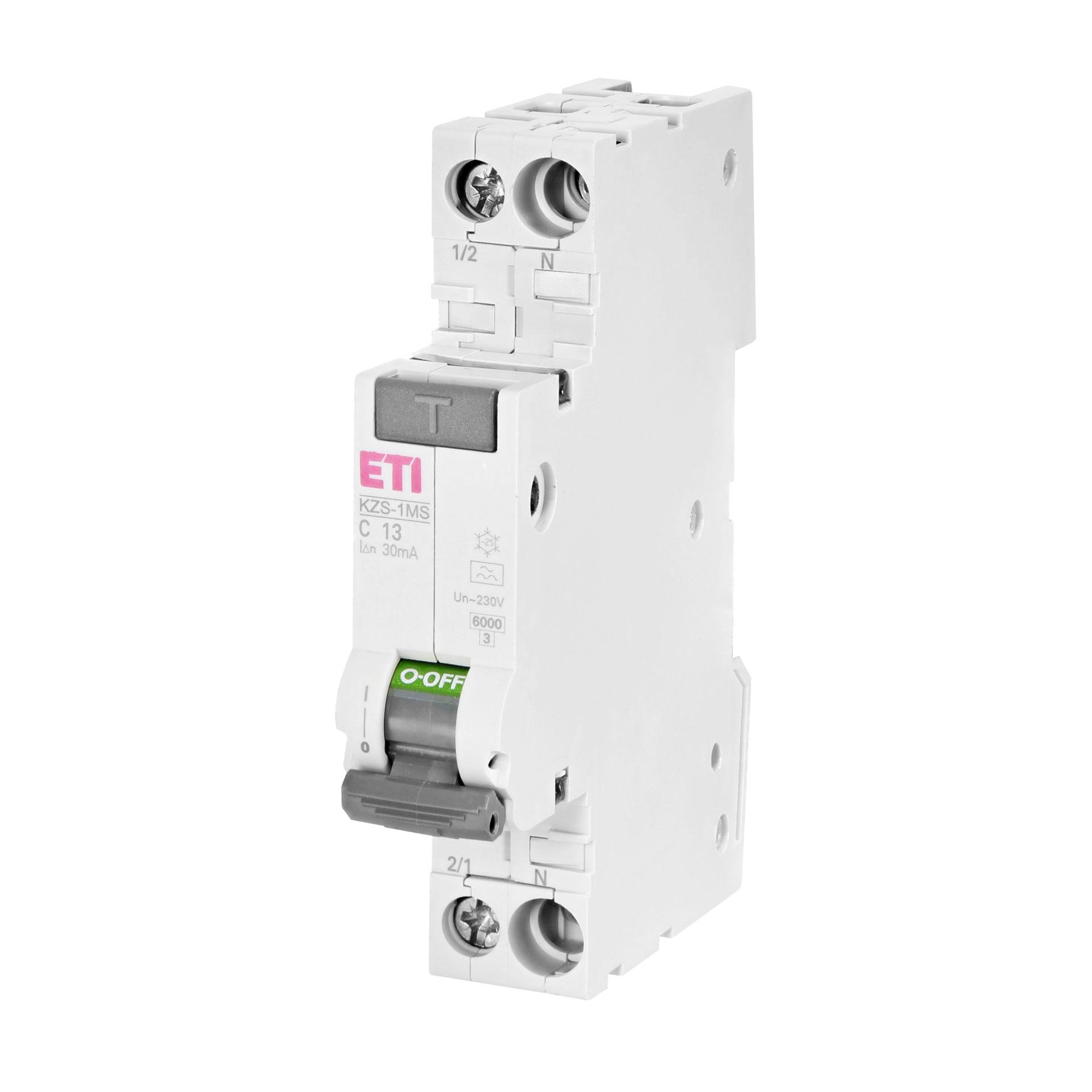 Disjoncteur différentiel (FI-LS), KZS-1MS, type A, 1 pôle+N, caractéristique C / 13A, 6kA (0.03A)