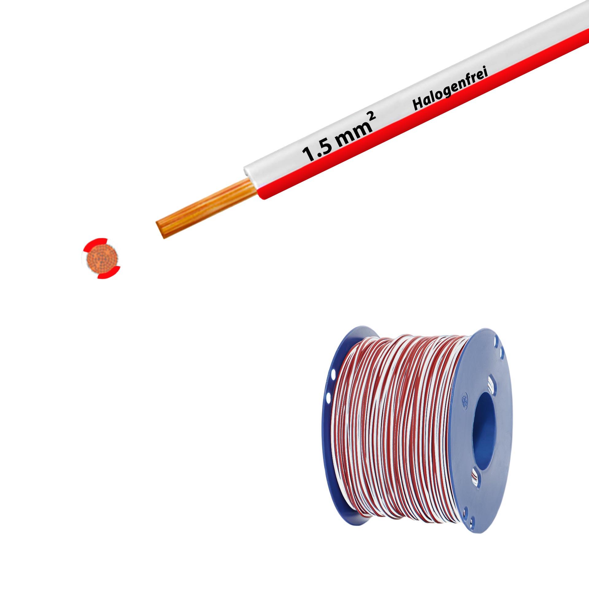 Halogen-free stranded wire 90° C, 750V, 1.50mm2, white-red (RAL 9010/3000), on plastic reel