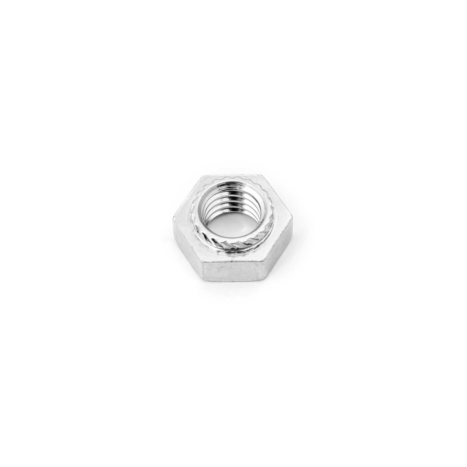 Hexagon press-in nuts M8, bore Ø 10.0mm, case-hardened steel, galvanised blue Hexagon press-in nuts M8, bore Ø 10.0mm, case-hardened steel, galvanised blue