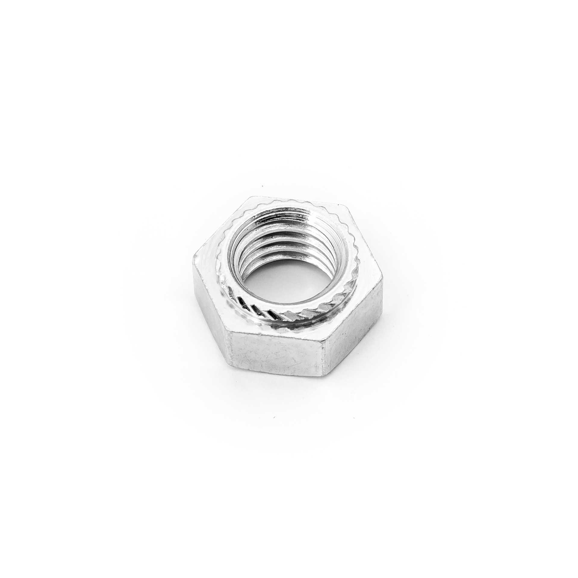 Hexagon press-in nuts M10, bore Ø 12.5mm, case-hardened steel, galvanised blue Hexagon press-in nuts M10, bore Ø 12.5mm, case-hardened steel, galvanised blue