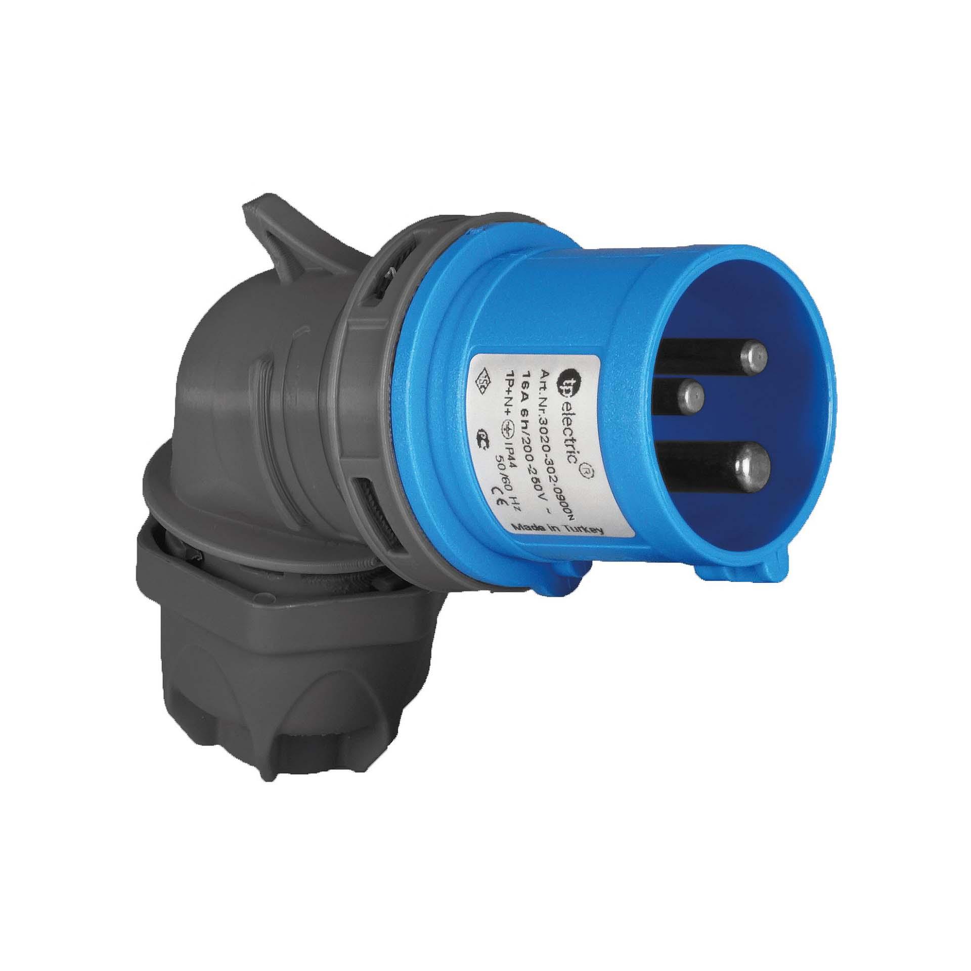Quick CEE angled plug 16A, 230V, 3-pole (1P+N+E), 6h, IP44, blue-anthracite, nickel-plated contacts