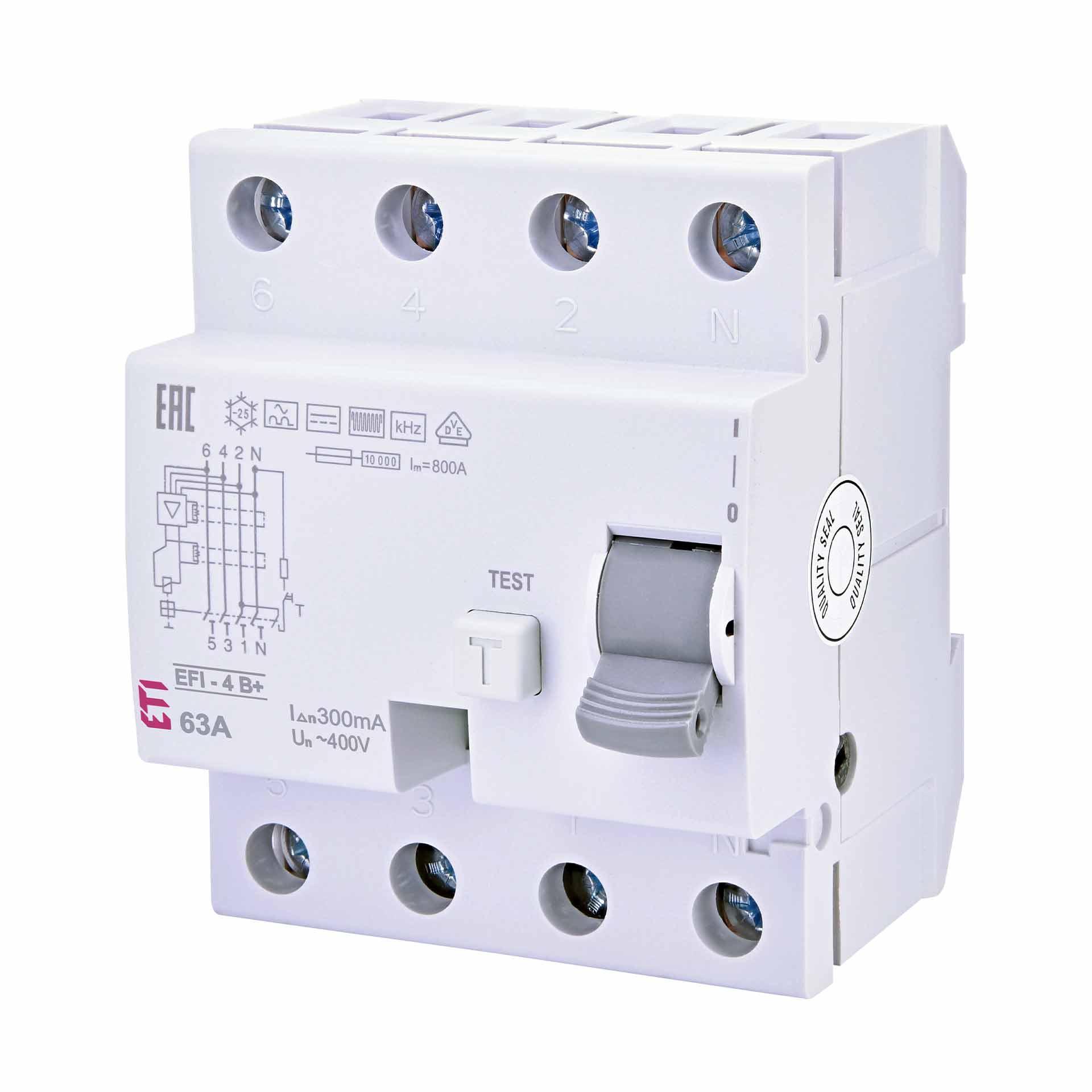 Interruttore differenziale, istantaneo, EFI-4, tipo B+, a 4 poli, 63A, 10kA (0,3A)