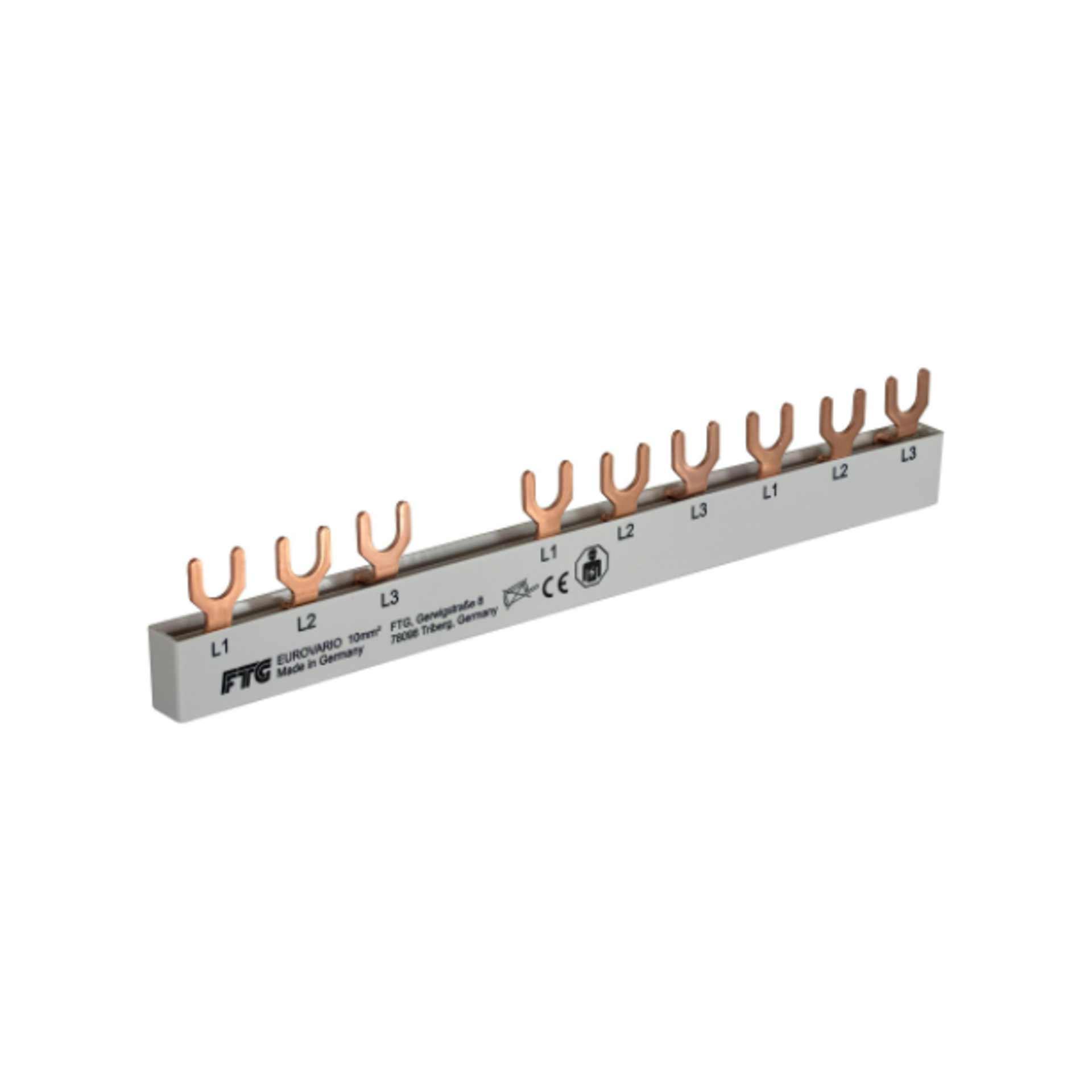 Insulated forked phase busbar 10mm2, 63A (1 x 3P (H2=N-empty) 4 MOD, 2 x 3P - 3 MOD) P-P= 17.8 mm 