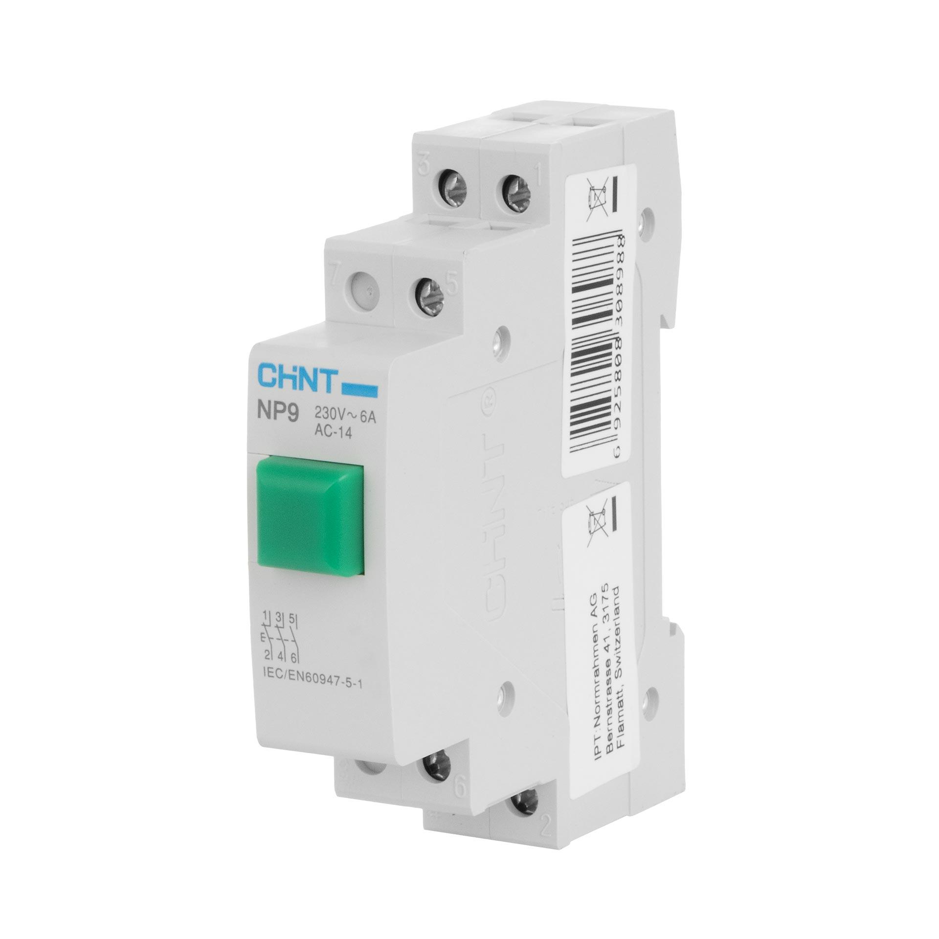 Chint DIN bouton-poussoir (vert), 1-module, 230V AC/DC, 16A (Ith), 6A (Ie), 3 NO,type NP9-30/1