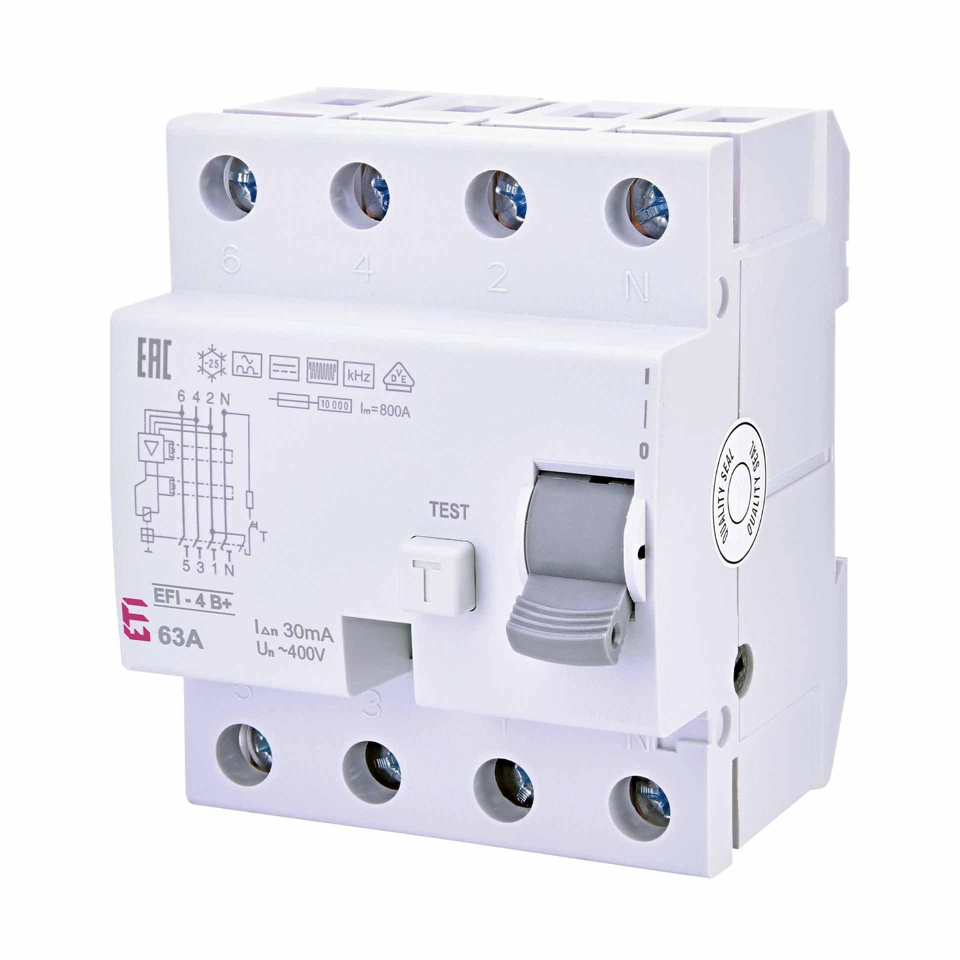 Residual current circuit-breaker, instantaneous, EFI-4, type B+, 4-pole, 63A, 10kA (0.03A)