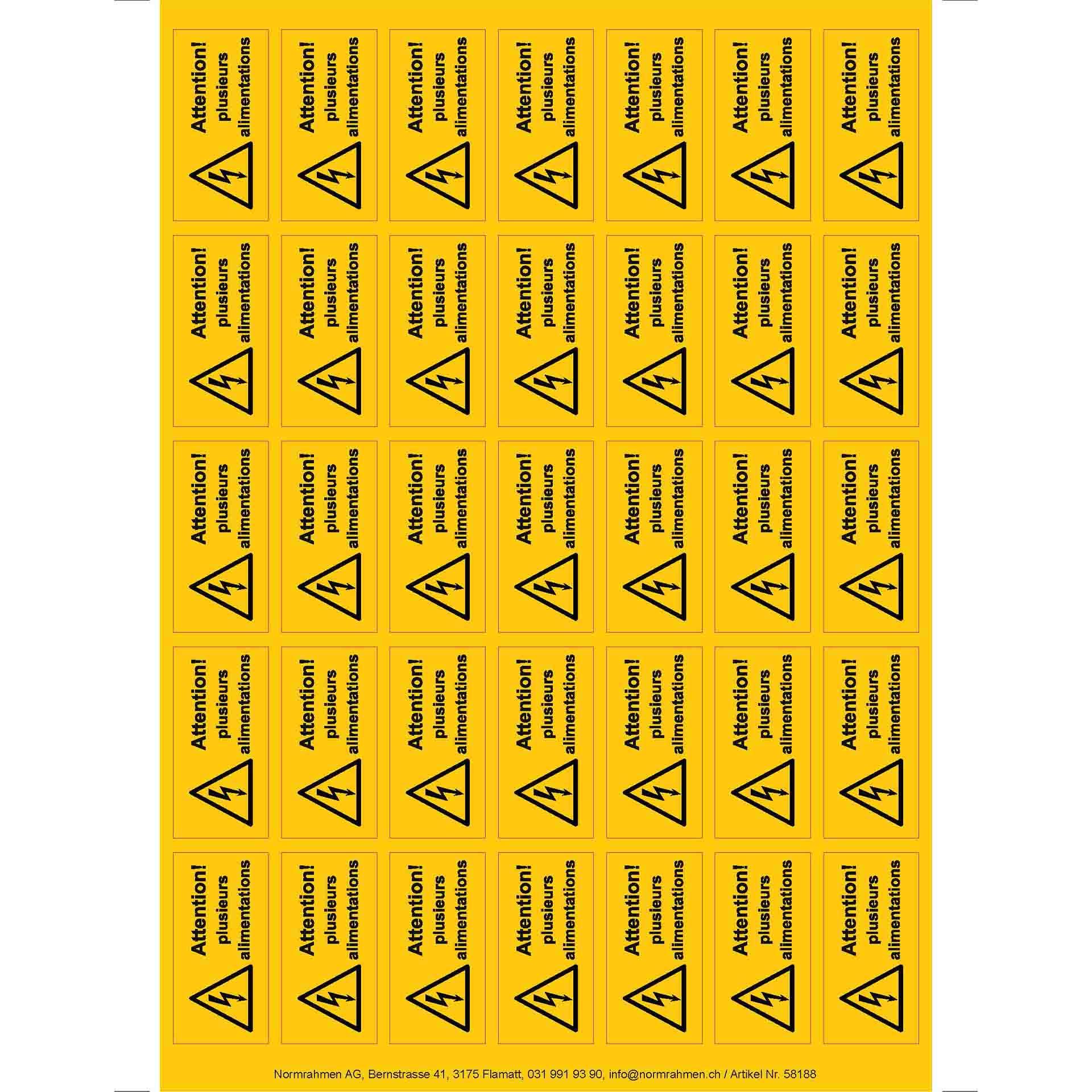 Autocollant "Attention! plusieurs alimentations" jaune 52x26 mm, Lot de 35 pièces, Feuille A4