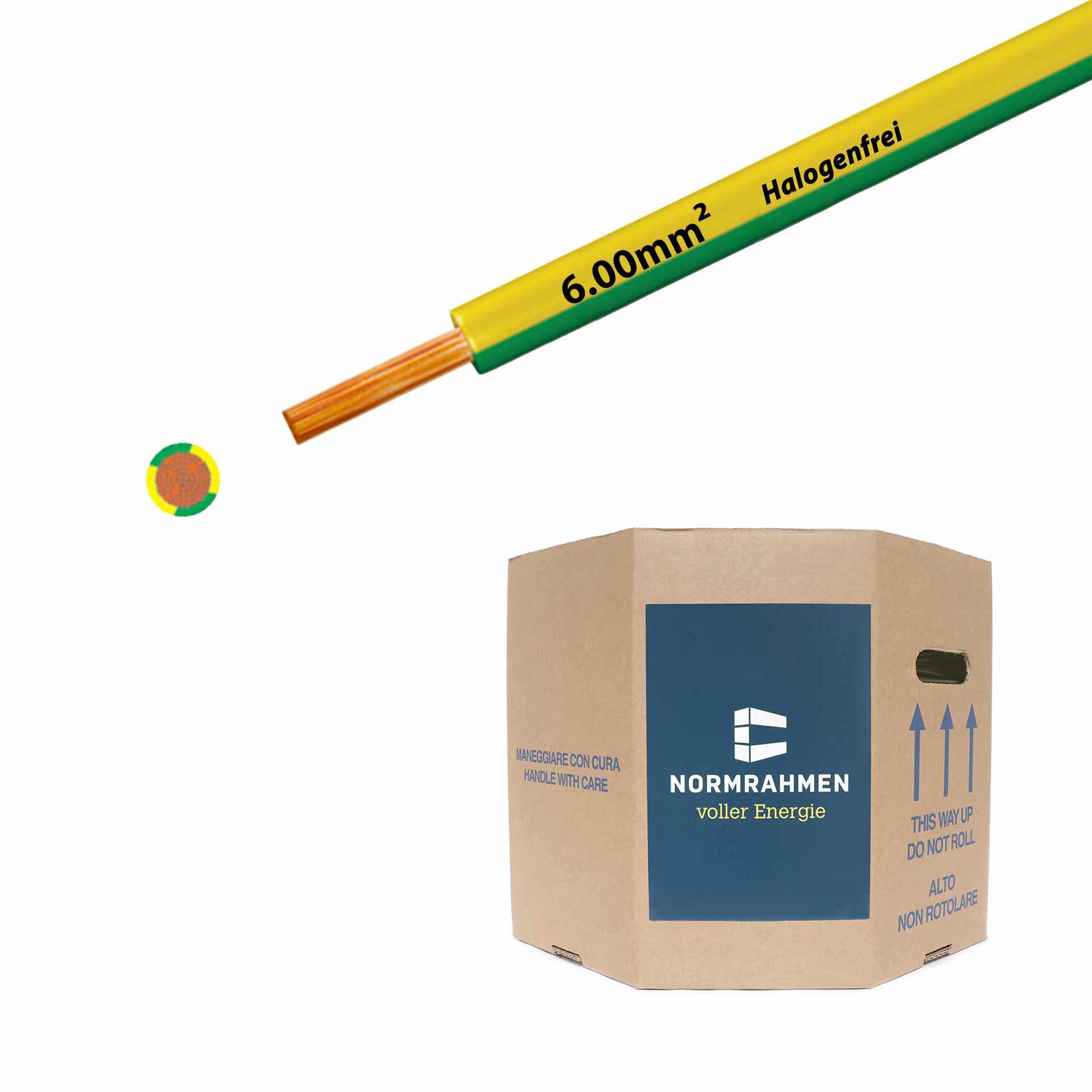 Halogen-free stranded wire 90° C , 750V, 6.00mm2, yellow-green (RAL 1021/6018), barrel D515xH400