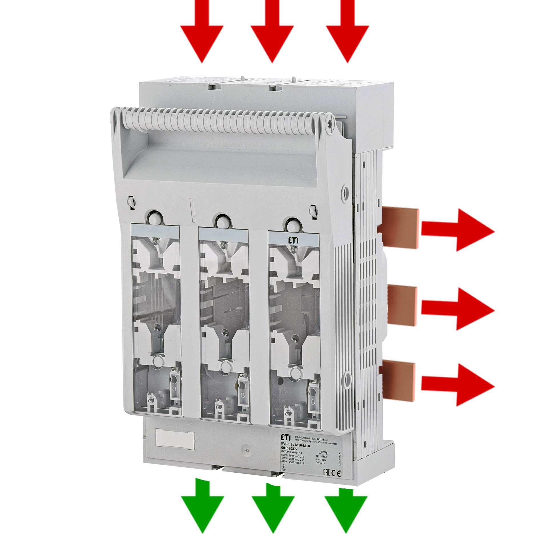 NH fuse switch-disconnector size 1, 3P, max. 250A, KVL B/FT M10-M10 AU (busbar system)