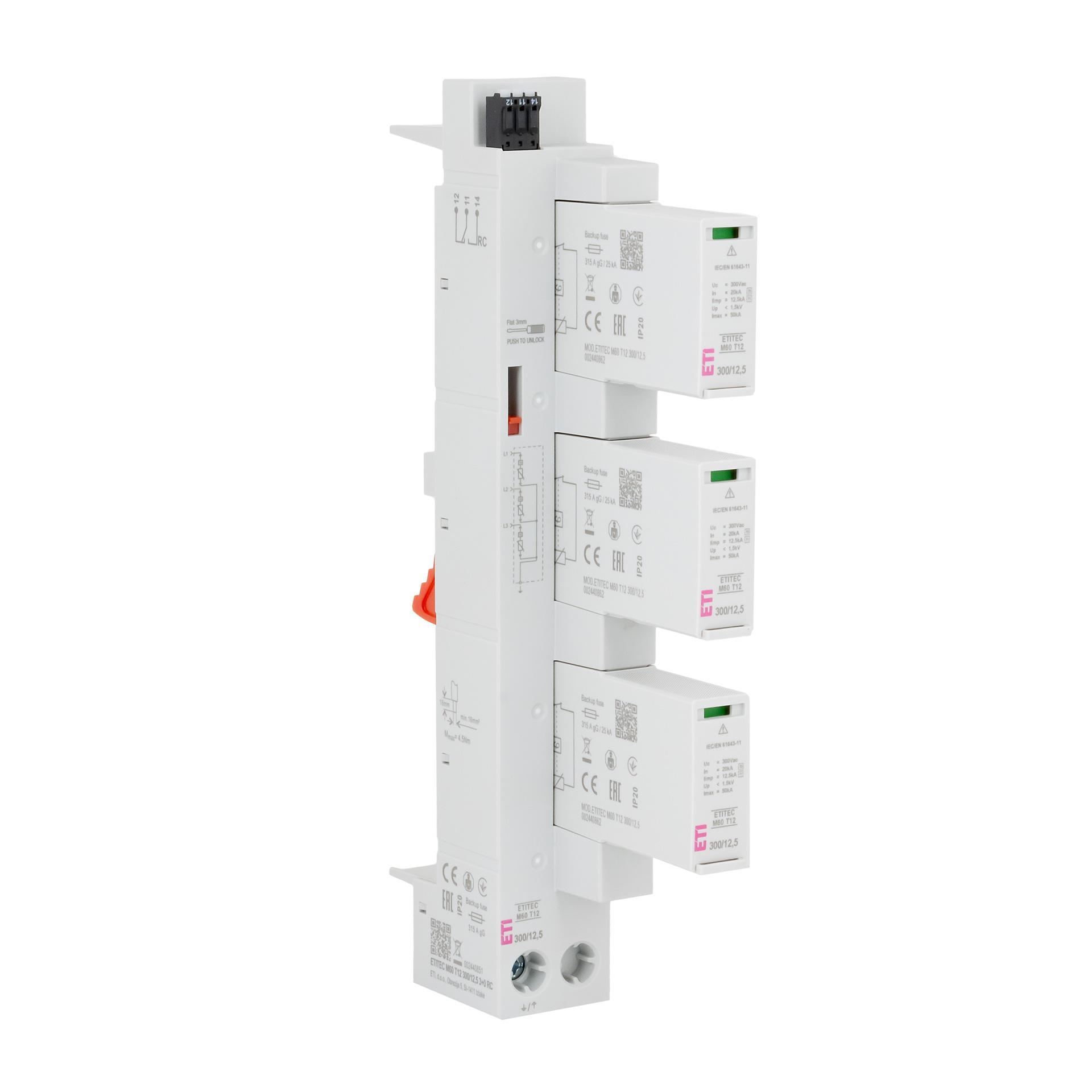 Scaricatore di sovratensione tipo 1+2, ETITEC M60 T12 300/12,5 3+0 RC, sistema da 60 mm