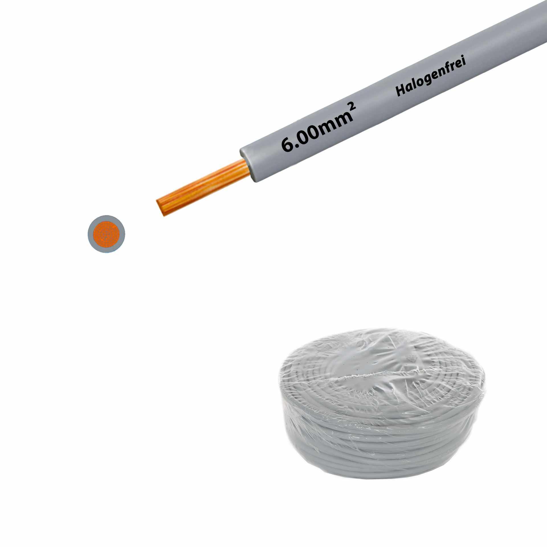 Halogen-free stranded wire 90° C , 750V, 6.00mm2, grey (RAL 7001), on ring
