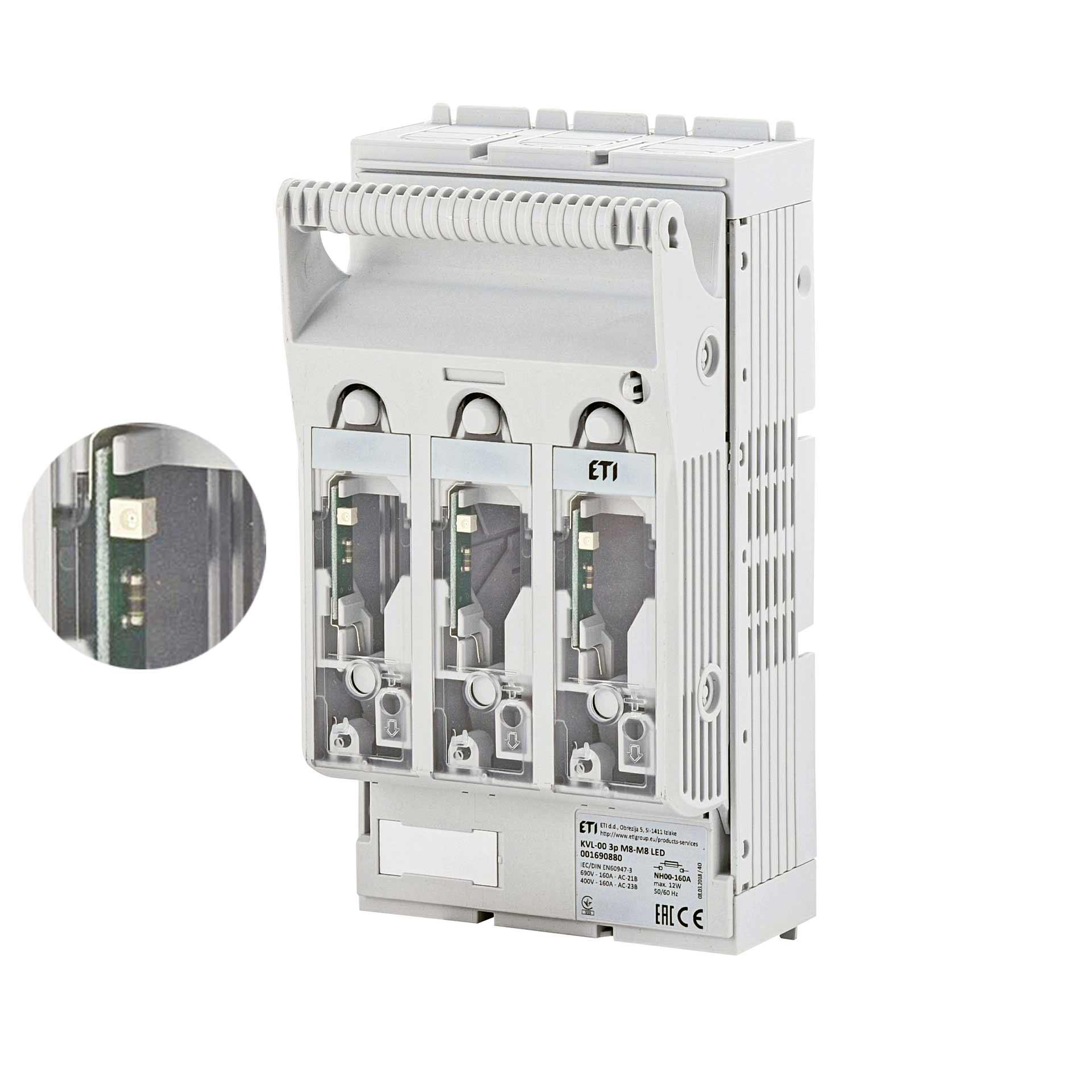 NH fuse switch-disconnector size 00, 3P, max. 160A, KVL-00 M8-M8 LED (surface mounting)