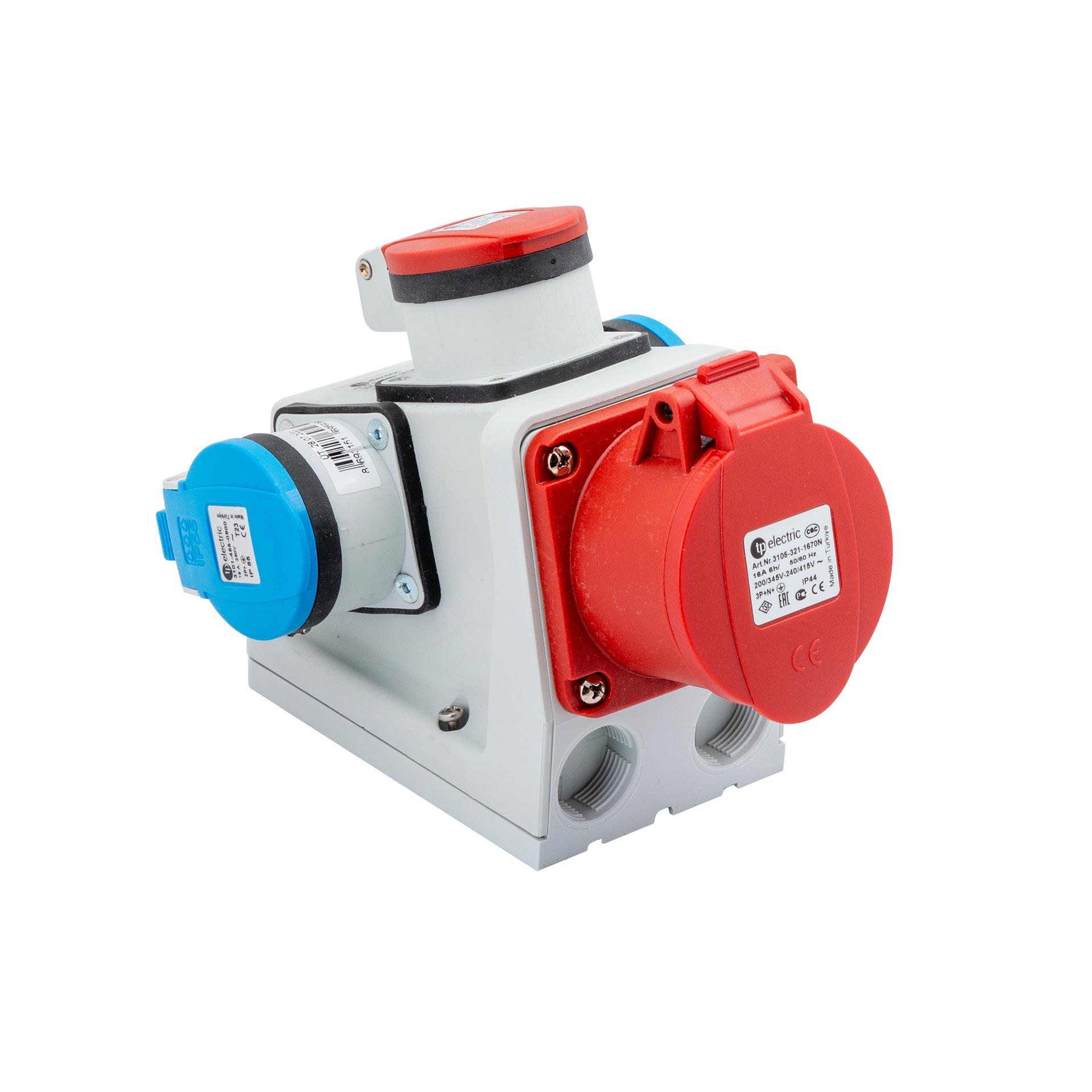 Surface-mounted socket outlet CEE 16A 5P 6h (IP44), 3PNE 400/230V with T25 and 2x T23 (IP55), nickel-plated contacts