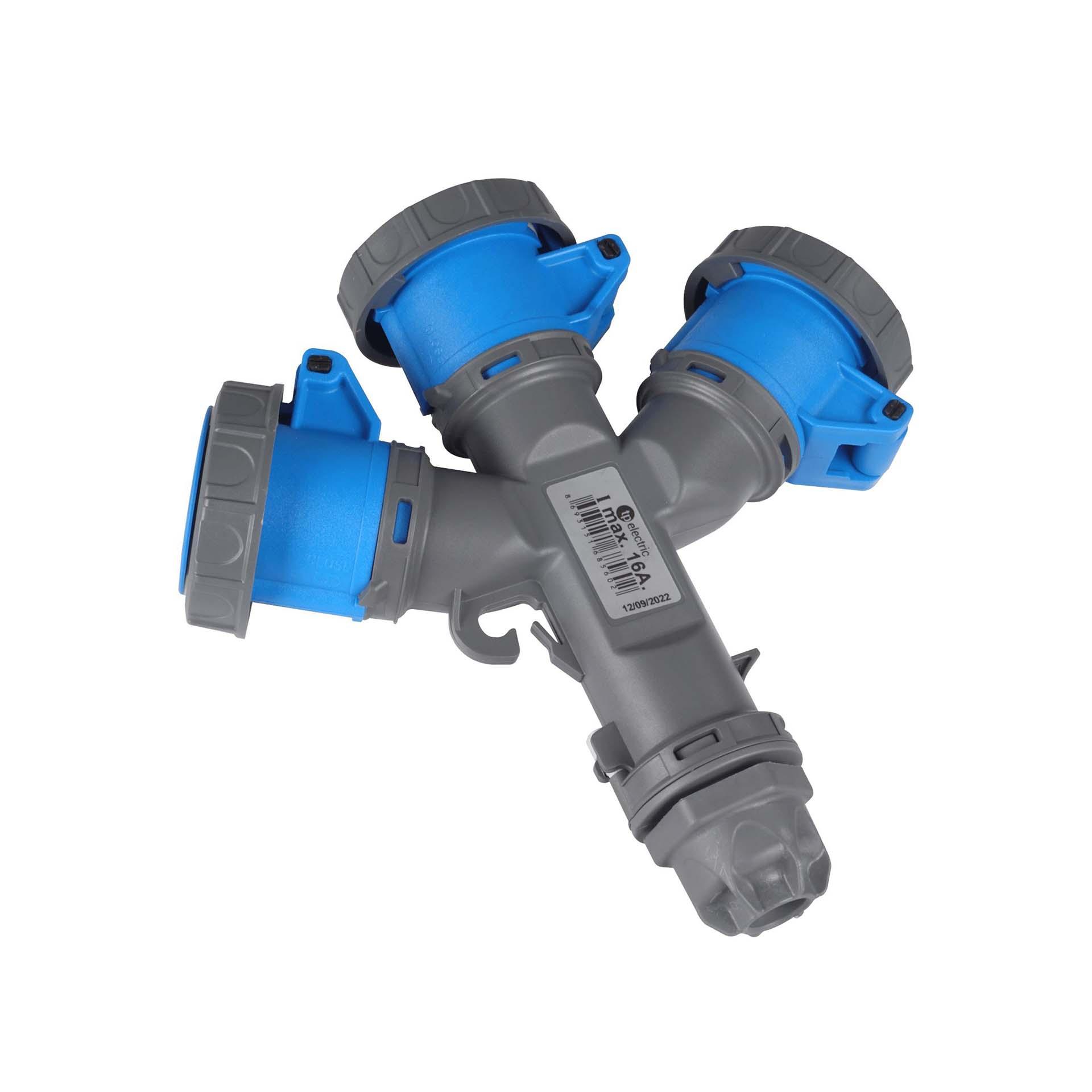CEE multiplex connector 16A, 230V, 3-pole (1P+N+E), 6h, IP67, 3-way output, nickel-plated contacts