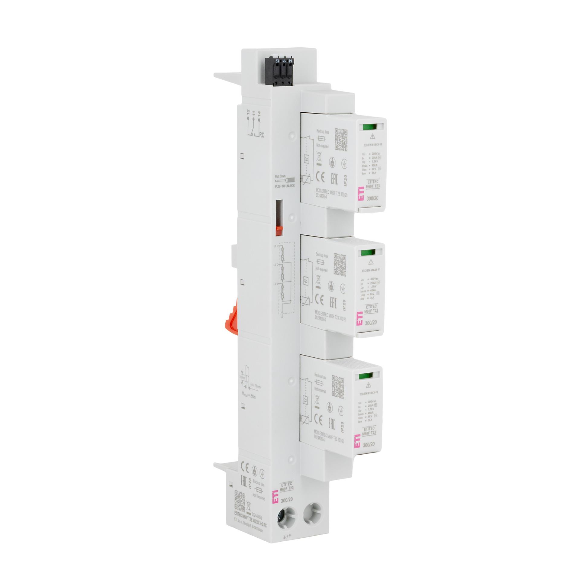 Scaricatore di sovratensione tipo 2+3, ETITEC M60F T23 300/20 3+0 RC, sistema da 60 mm