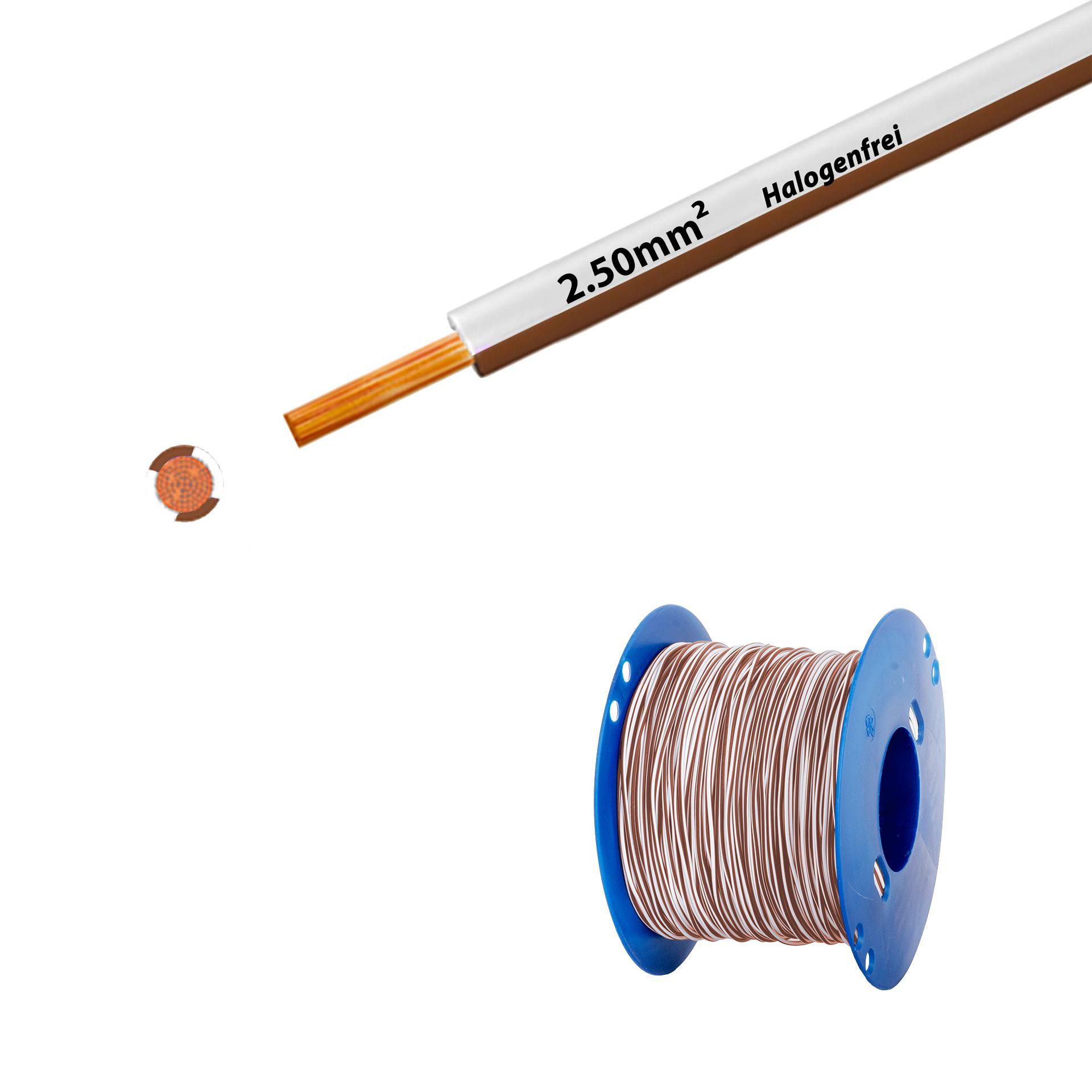 Litze halogenfrei 90° C , 750V, 2.50mm2, weiss-braun (RAL 9010/8003), auf Kunststoffrolle