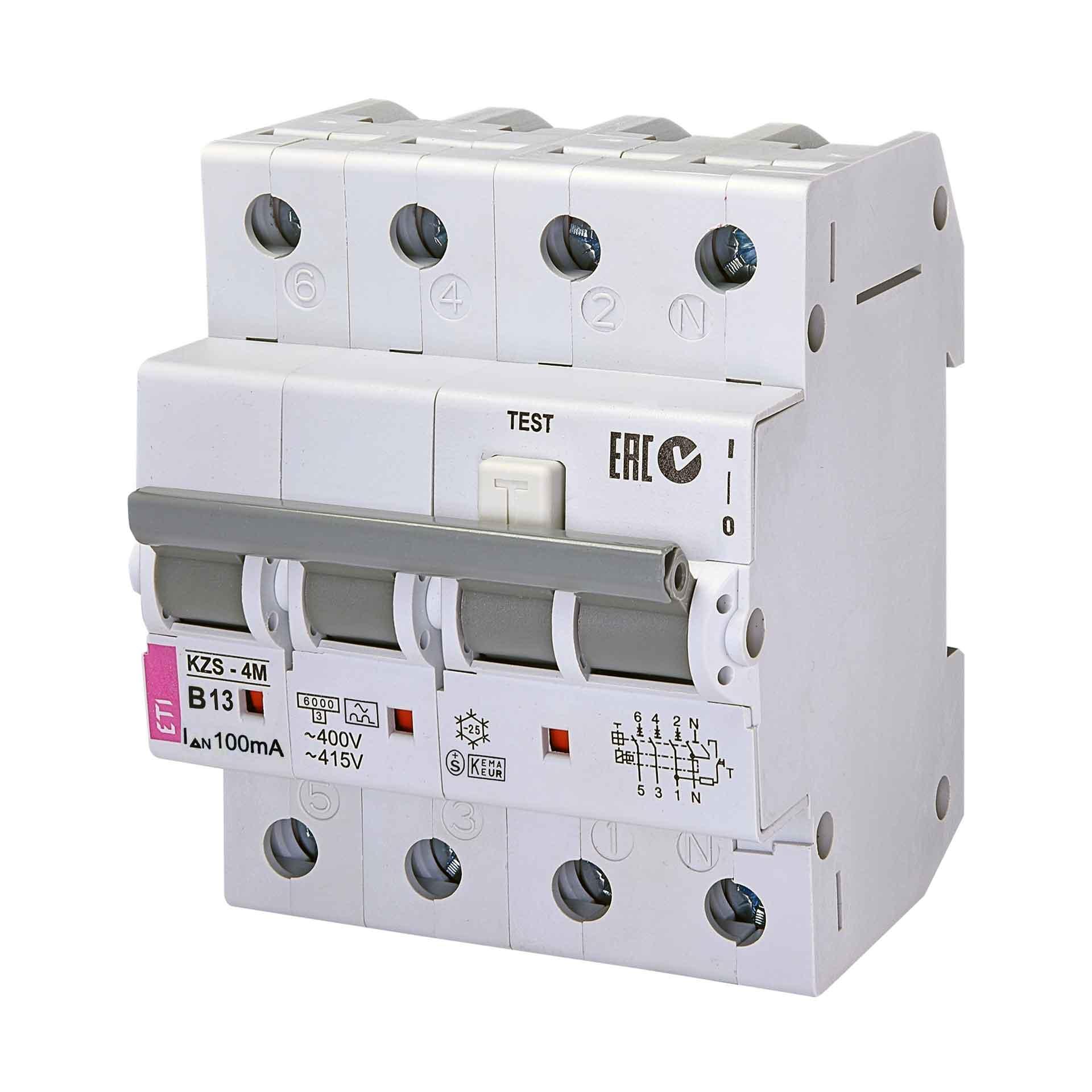 FI/LS, KZS-4M, type A, 3-pole+N, characteristic B / 13A, 6kA (0.1A)