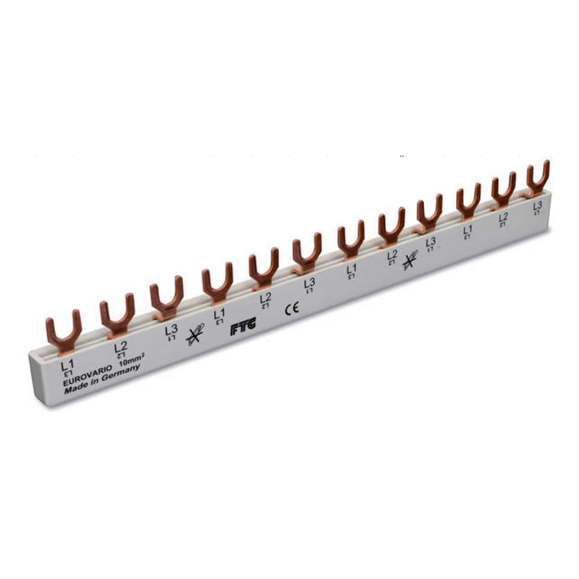 Insulated forked phase busbar 10mm2, 63A (4x3P-3MOD) P-P= 17.8 mm 