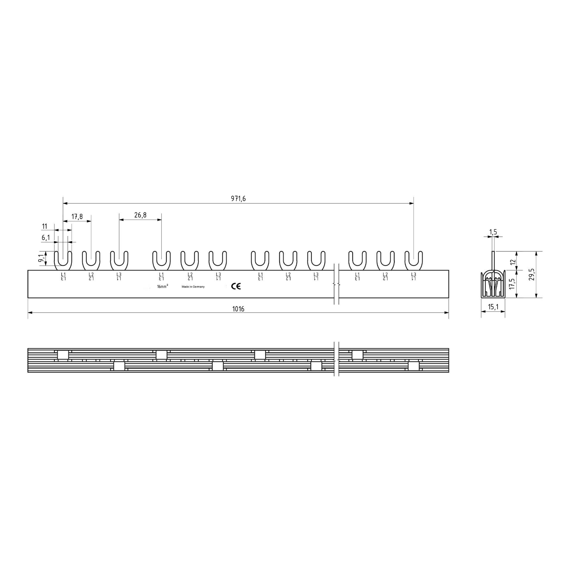 Isolierte Gabel-Phasenschiene 16mm2, 80A (16x3P+9mm-3.5MOD) 48TE, 1000mm