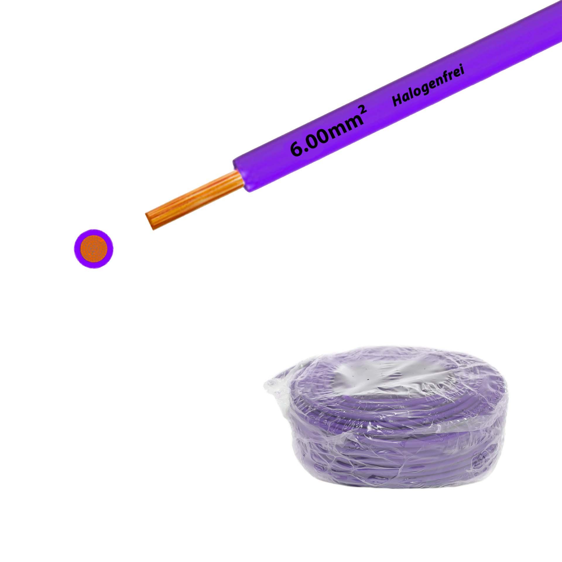 Halogen-free stranded wire 90° C , 750V, 6.00mm2, violet (RAL 4005), on ring