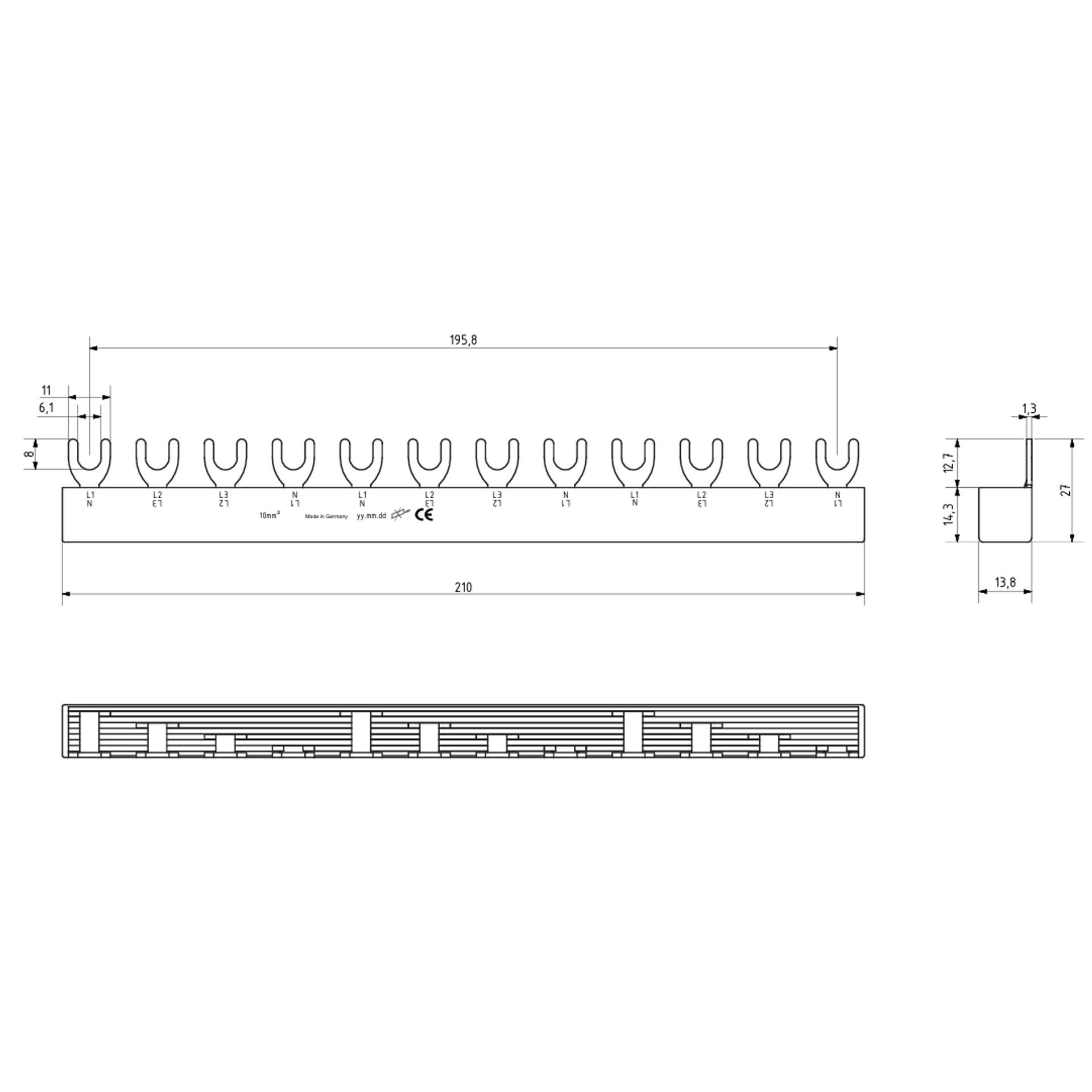 Isolierte Gabel-Phasenschiene 10mm2, 63A (3x3PN-4MOD) 12TE
