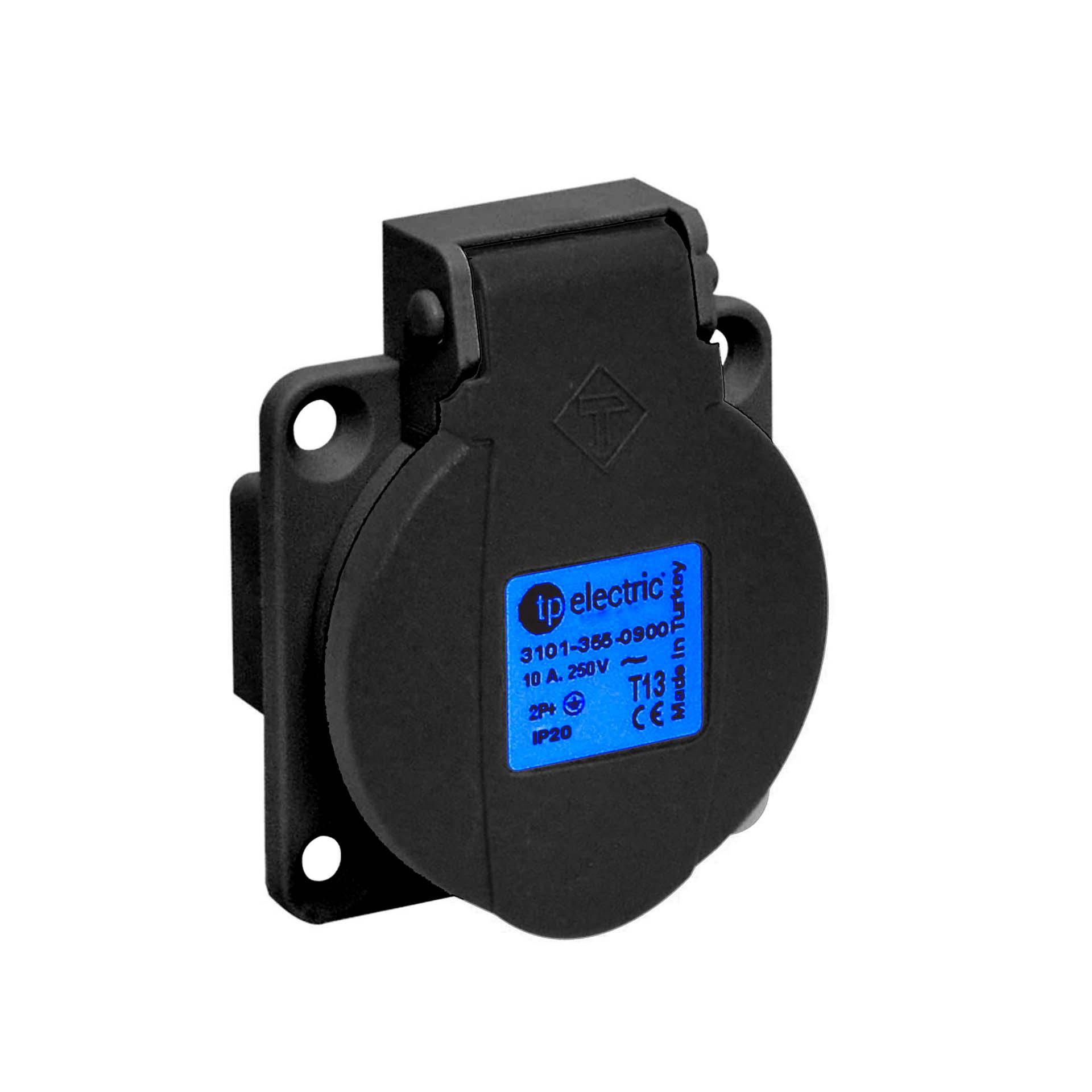 T13 flush-mounted socket, 10A, 230V, 3-pole (1P+N+E), IP20, black, nickel-plated contacts