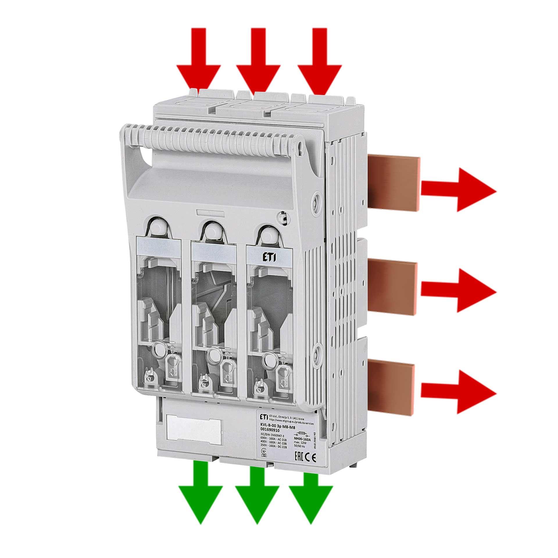 NH fuse switch-disconnector size 00, 3P, max. 160A, KVL B/FT M8-M8 (busbar system)