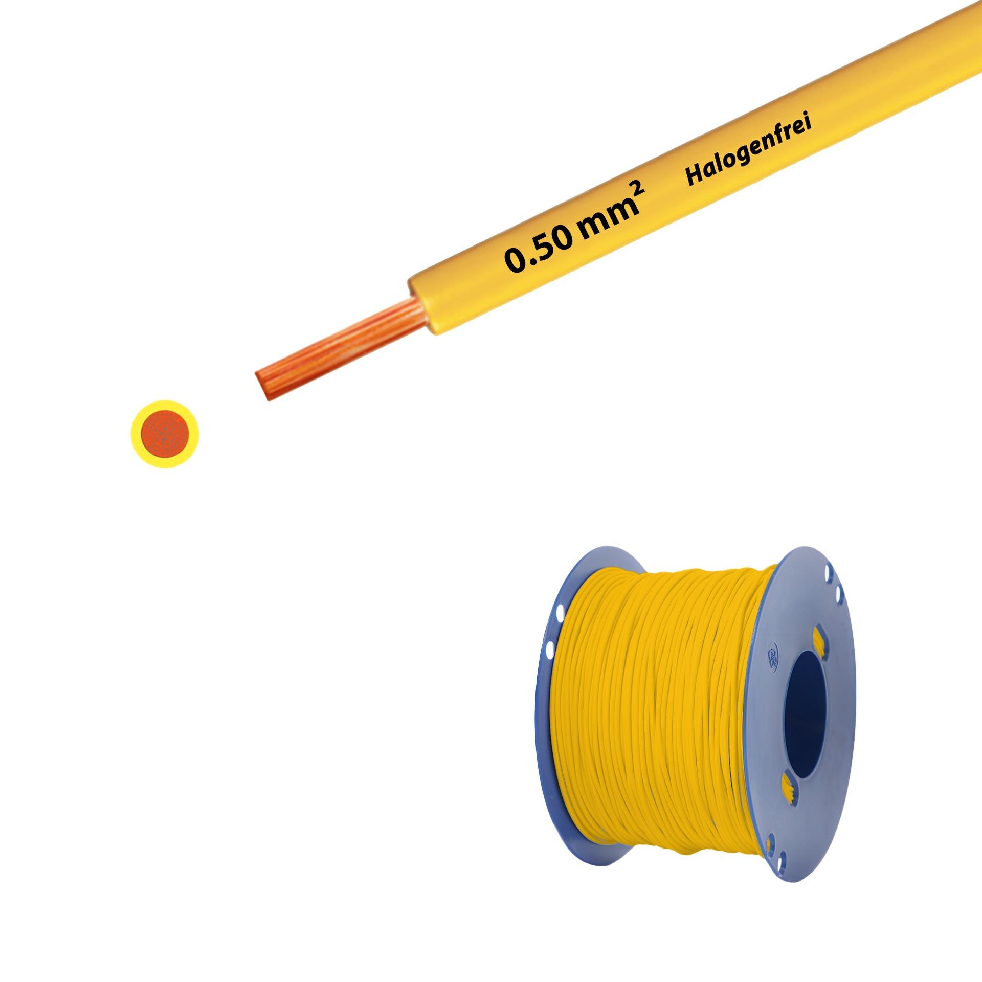 Litze halogenfrei 90° C , 500V, 0.50mm2, gelb (RAL 1021), auf Kunststoffrolle