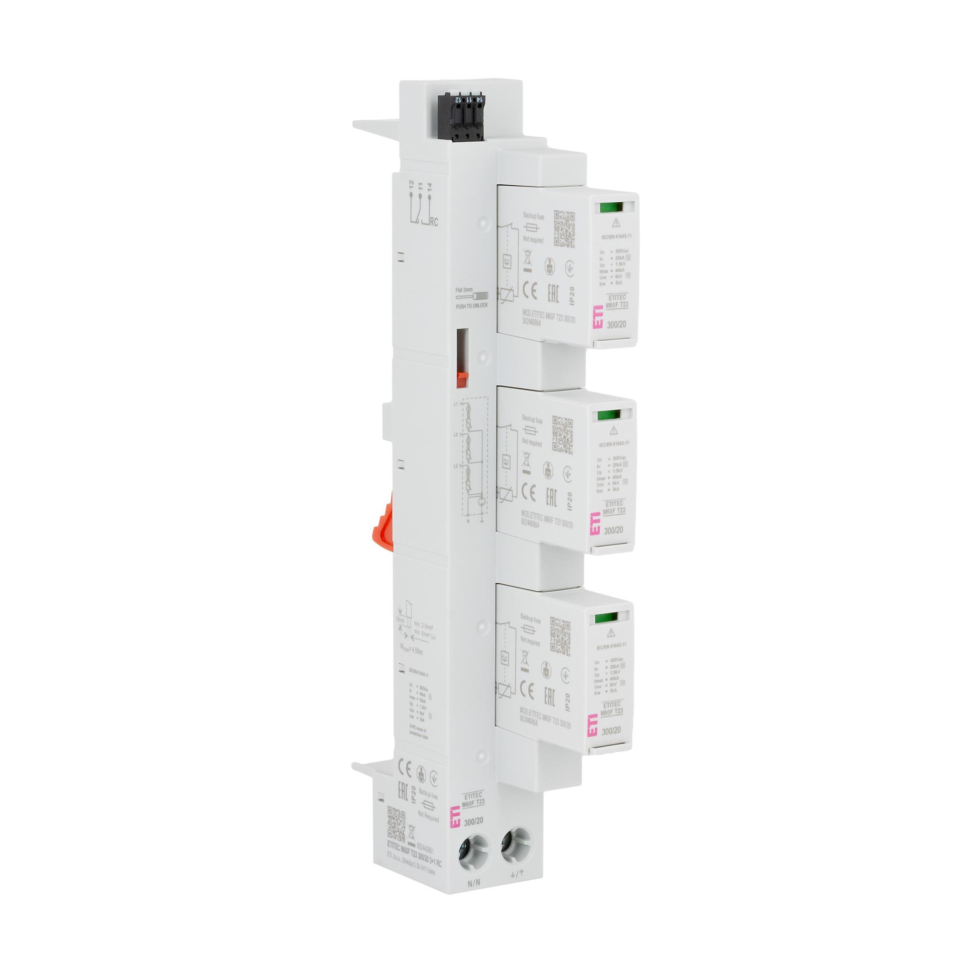 Scaricatore di sovratensione tipo 2+3, ETITEC M60F T23 300/20 3+1 RC, sistema da 60 mm