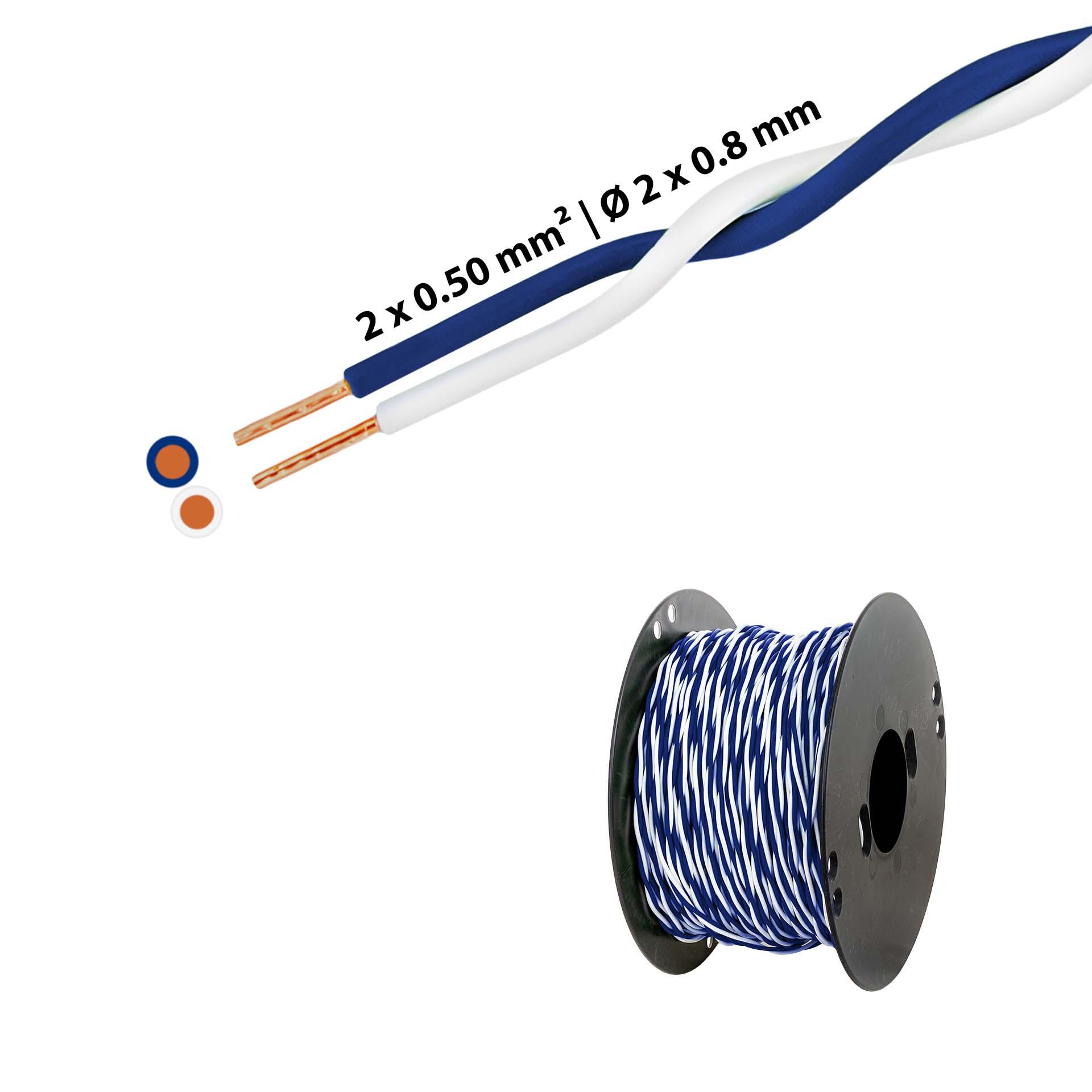Twisted T-wire 2 x 0.5mm2, white-dark blue, on plastic reel