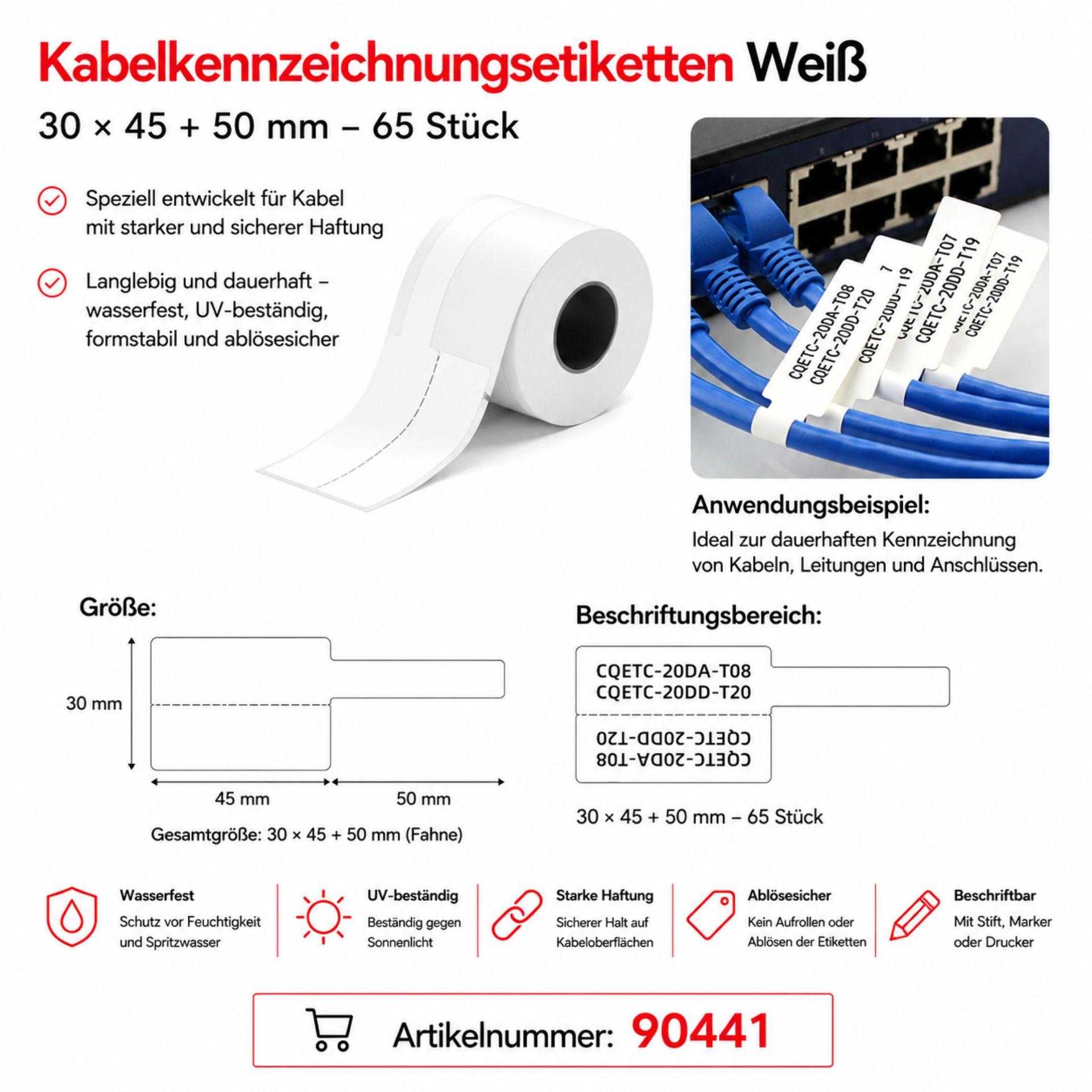 Étiquettes pour câbles NIIMBOT M3 V30x45 blanches autocollantes, 1 rouleau = 65 pièces