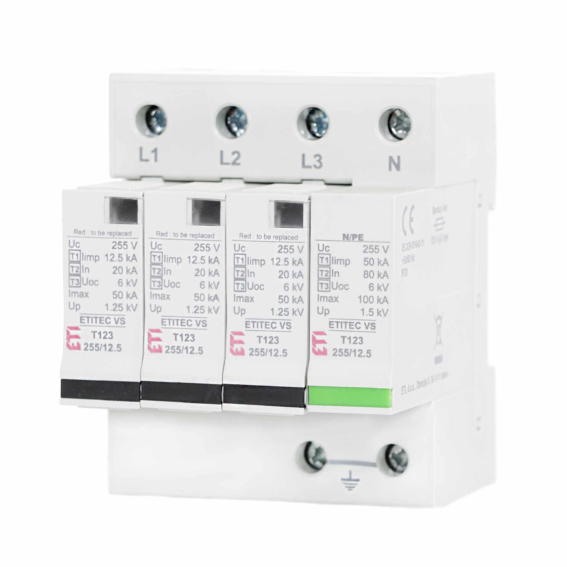 Surge arrester type 1+2+3, ETITEC VS T123 255/12.5 3+1 RC leakage current-free, (TN-S & TT)