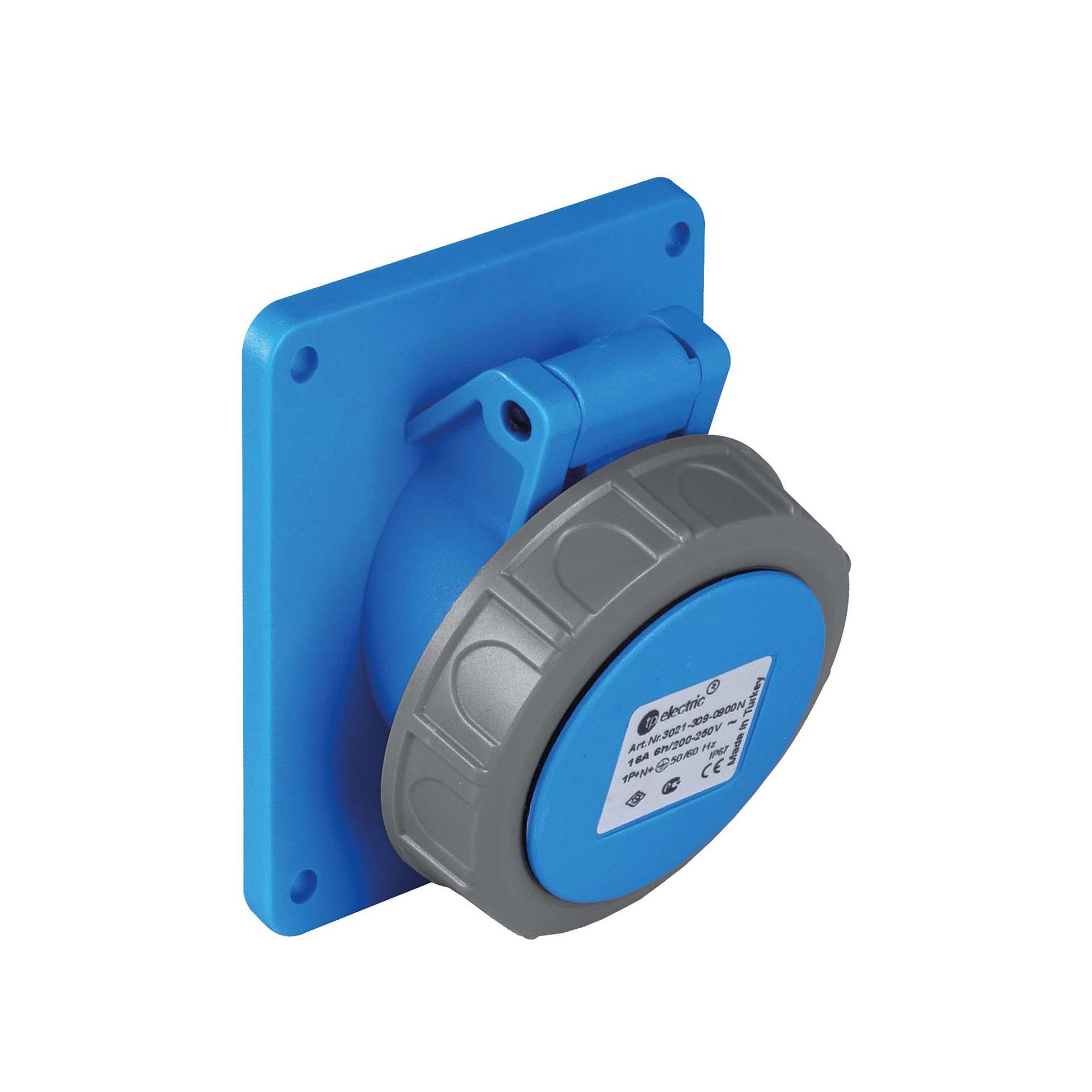 Quick CEE socket outlet 16A, 230V, 3-pole (1P+N+E), 6h, IP67, angled, black, nickel-plated contacts