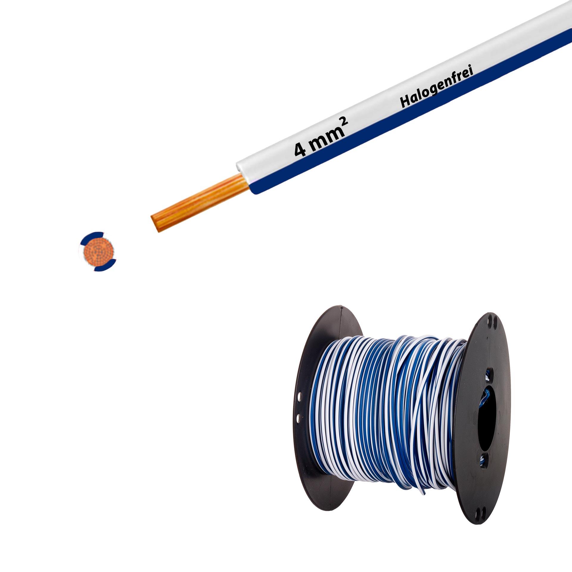 Cavo a trefoli senza alogeni 90° C, 750 V, 4,00 mm2, bianco-blu scuro (RAL 9010/5010), su bobina di plastica