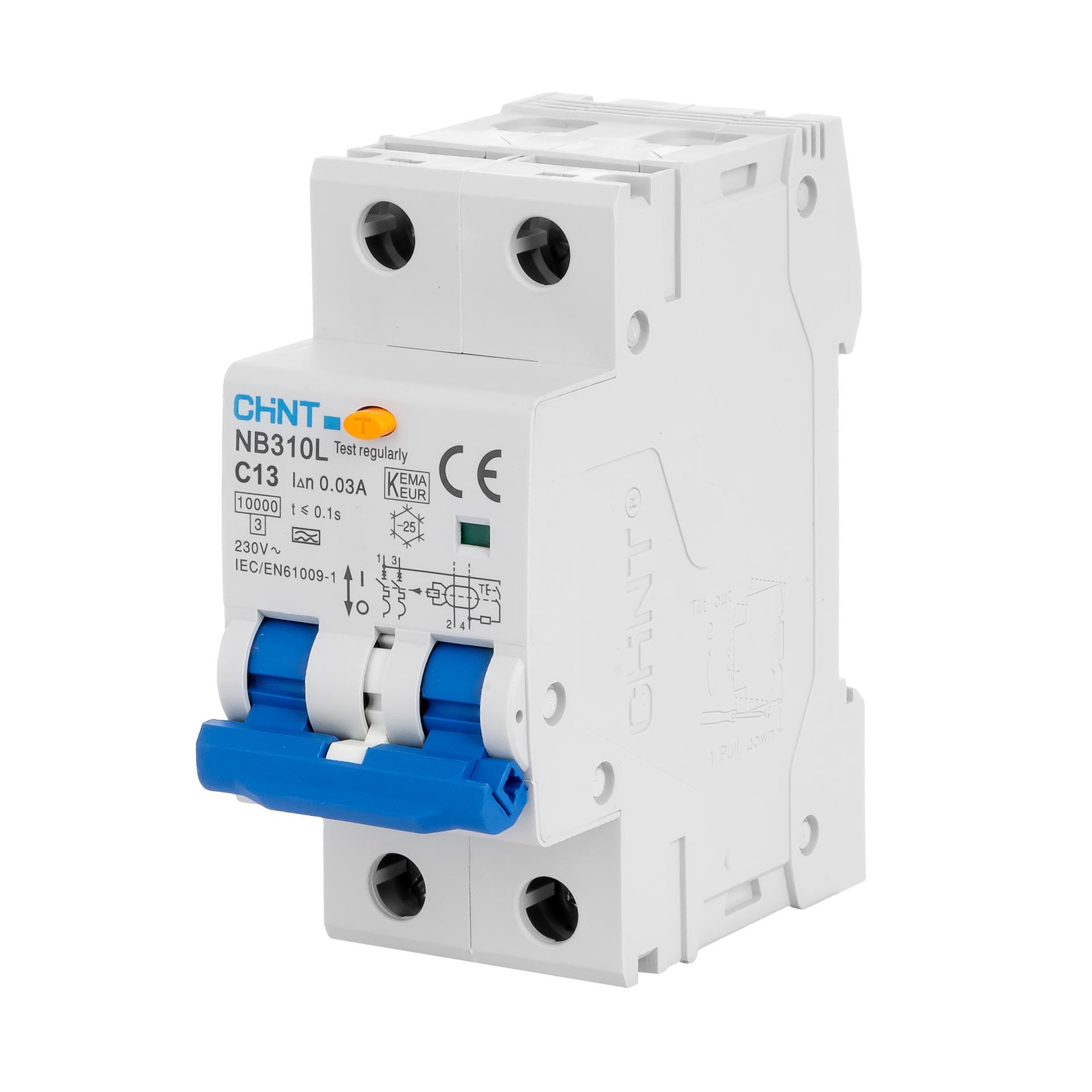 Chint DDR/PI - RCBO, type A, 2-pôle, caractéristique C / 13A, 10kA, 30mA, type NB310L