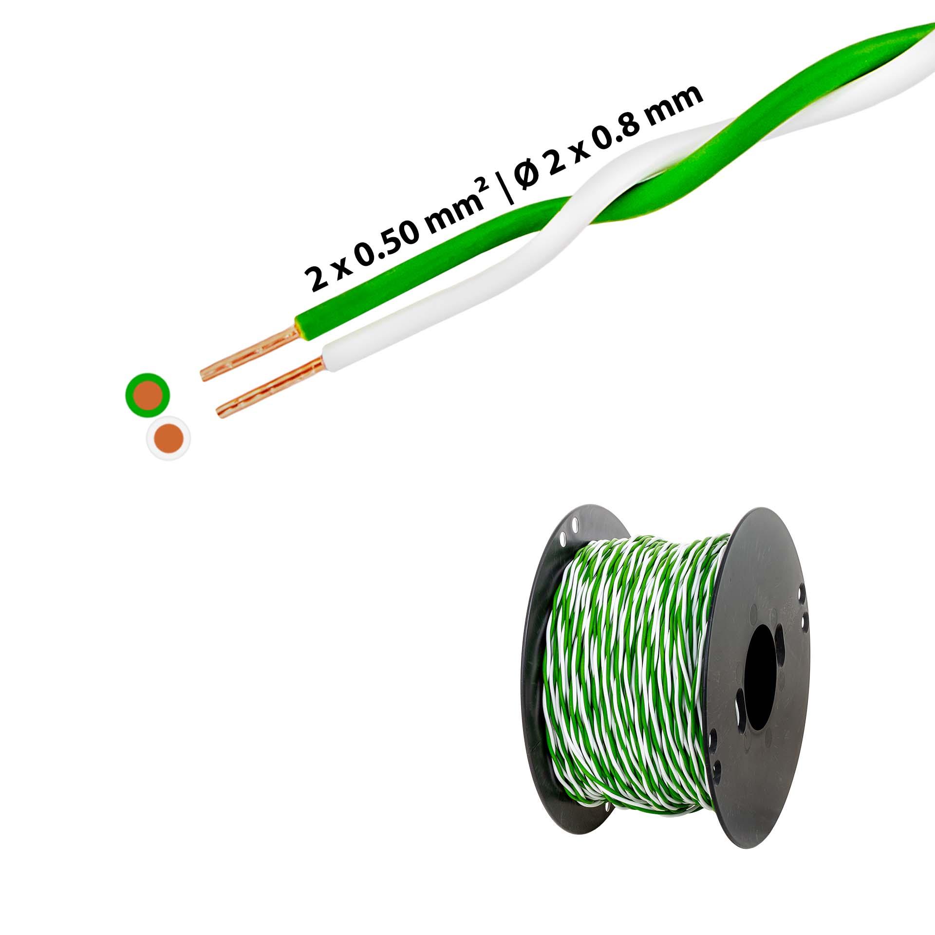 Twisted T-wire 2 x 0.5mm2, white-green, on plastic reel