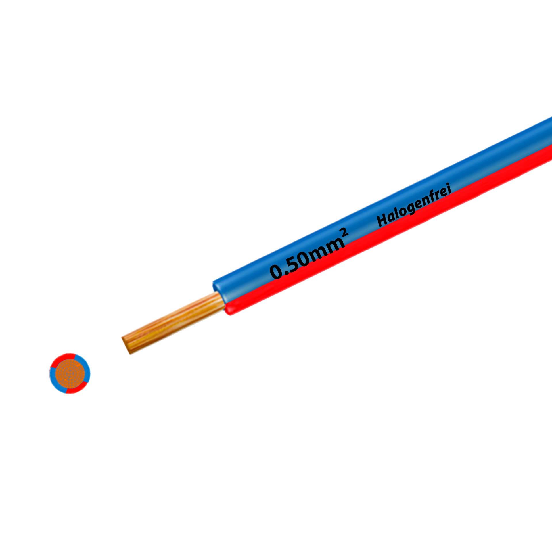 Litze halogenfrei 90° C , 500V, 0.50mm2, blau-rot (RAL 5012/3000), auf Kunststoffrolle
