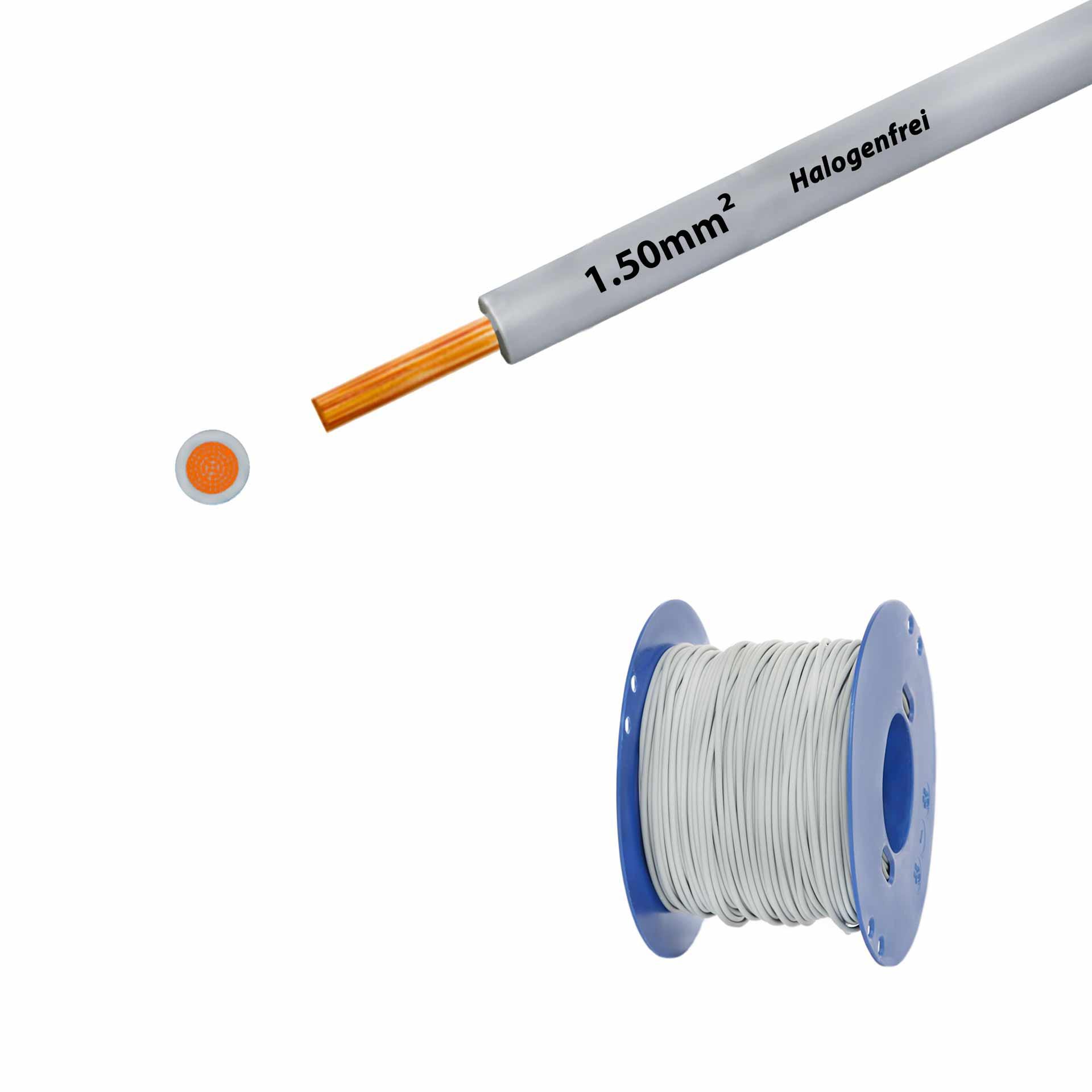 Halogen-free stranded wire 90° C, 750V, 1.50mm2, grey (RAL 7035), on plastic reel