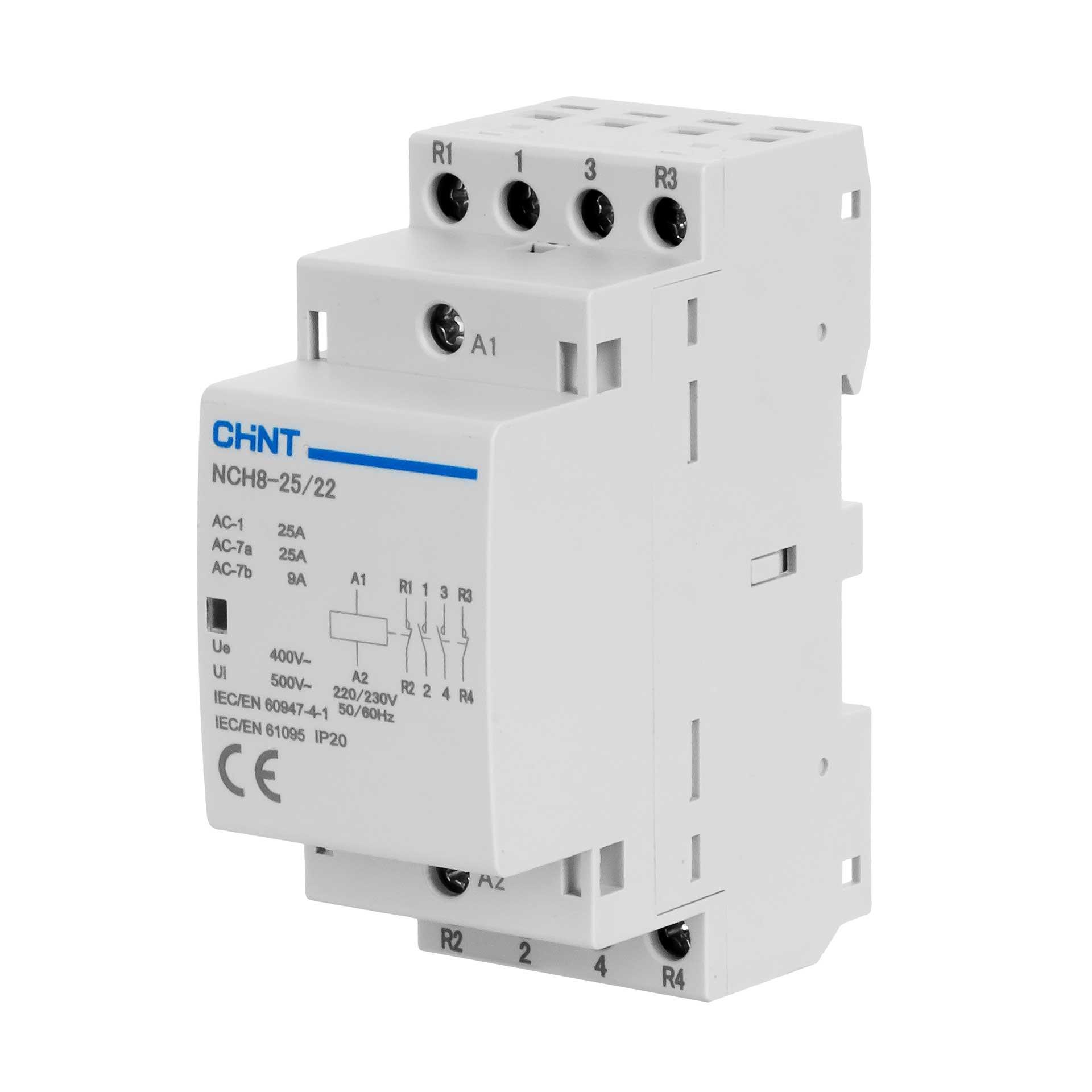 Contacteur d'installation Chint à 4 pôles, 25A (AC1 400V), R25-22, 230V AC, 2 NO & 2 NF