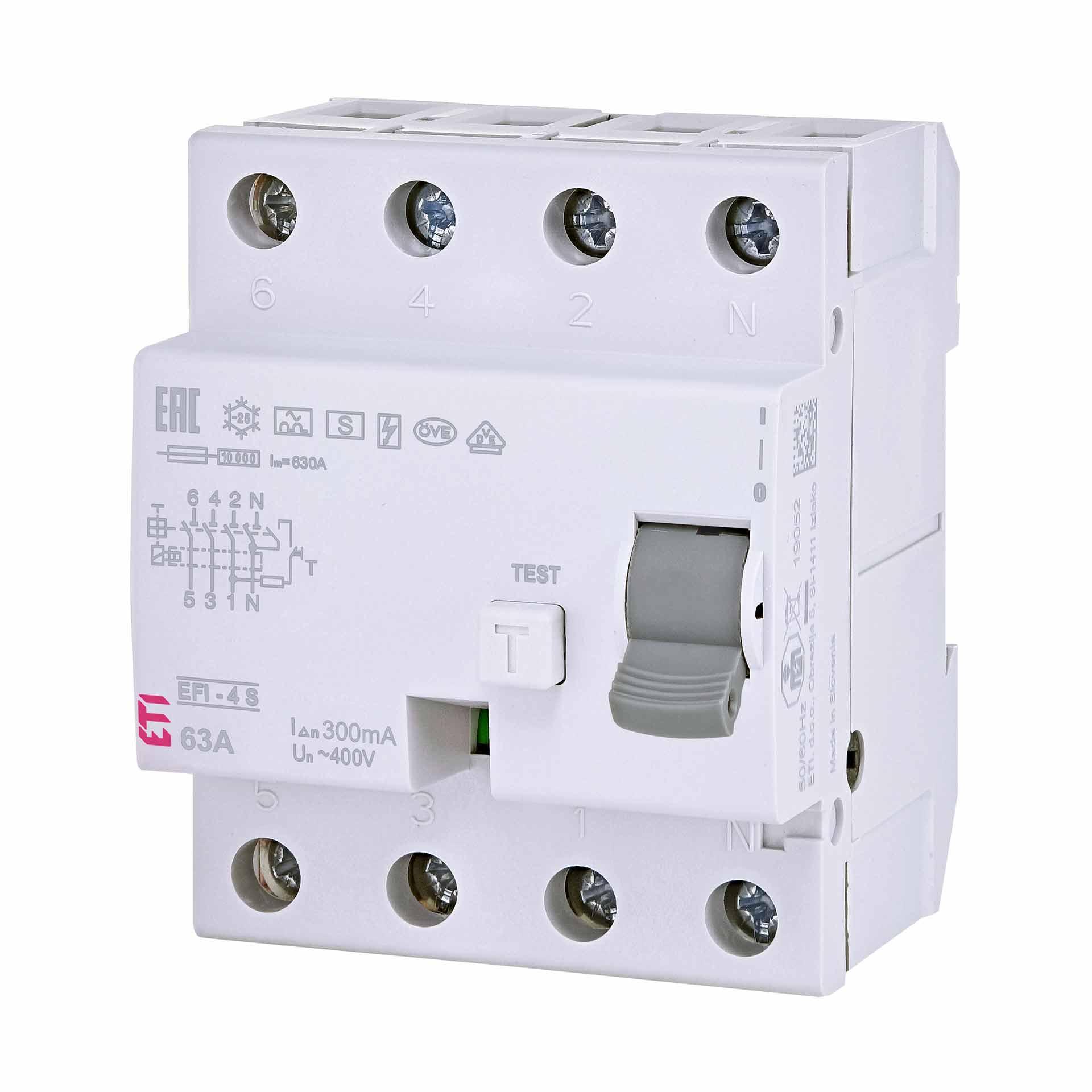 Residual current circuit-breaker selective, EFI-4, type A, S-selective, 4-pole, 63A, 10kA (0.3A)