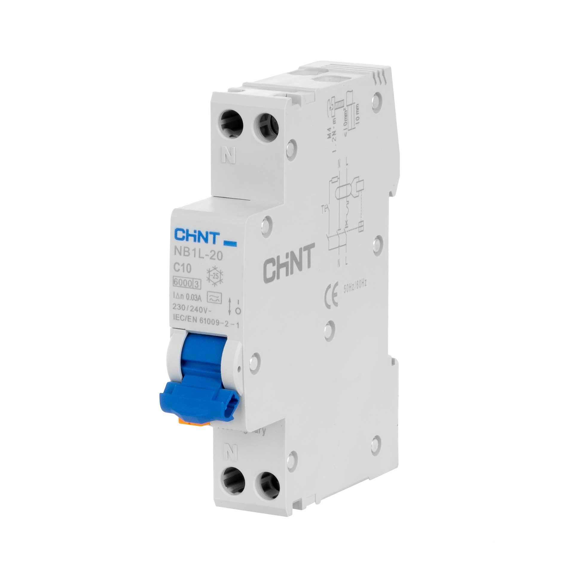 Chint FI/LS - RCBO 1-Modul, Typ A, 1P+N, Charakteristik C / 10A, 6kA, 30mA, Typ NB1L-20