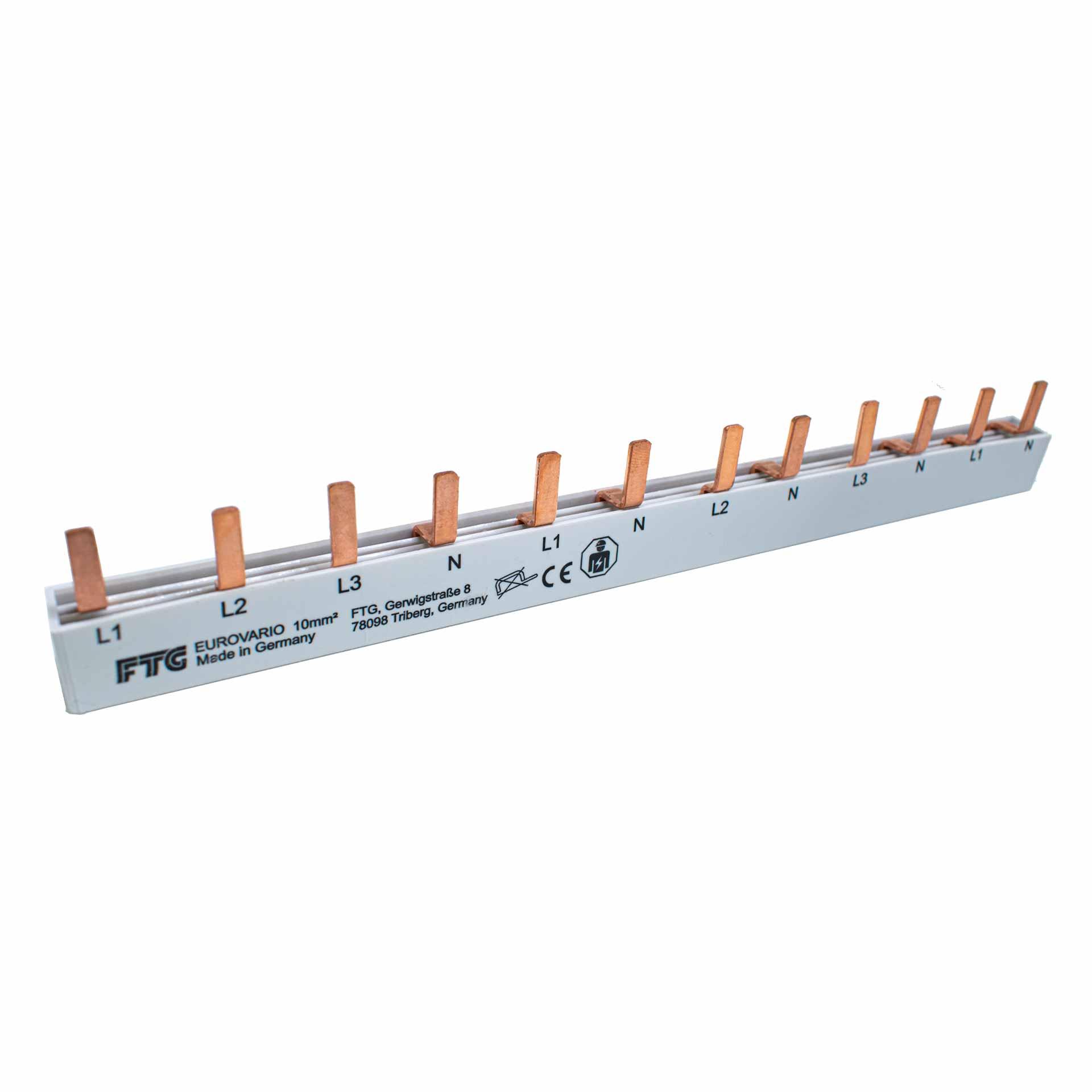 Insulated pin phase busbar 10 mm², 63A, (1 x 3PN - 4 MOD, 4 x 1PN - 2 MOD) P-P= 17.8 mm 