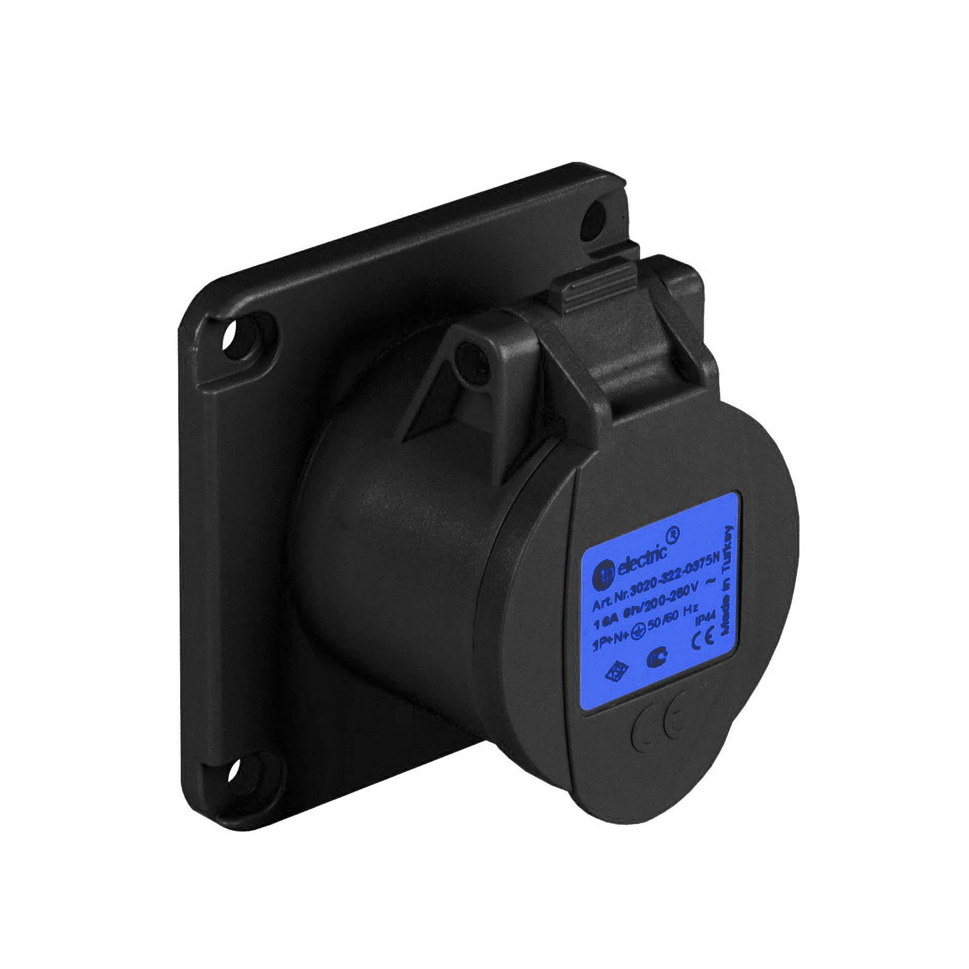 Quick CEE socket outlet 16A, 230V, 3-pole (1P+N+E), 6h, IP44, straight, black, nickel-plated contacts