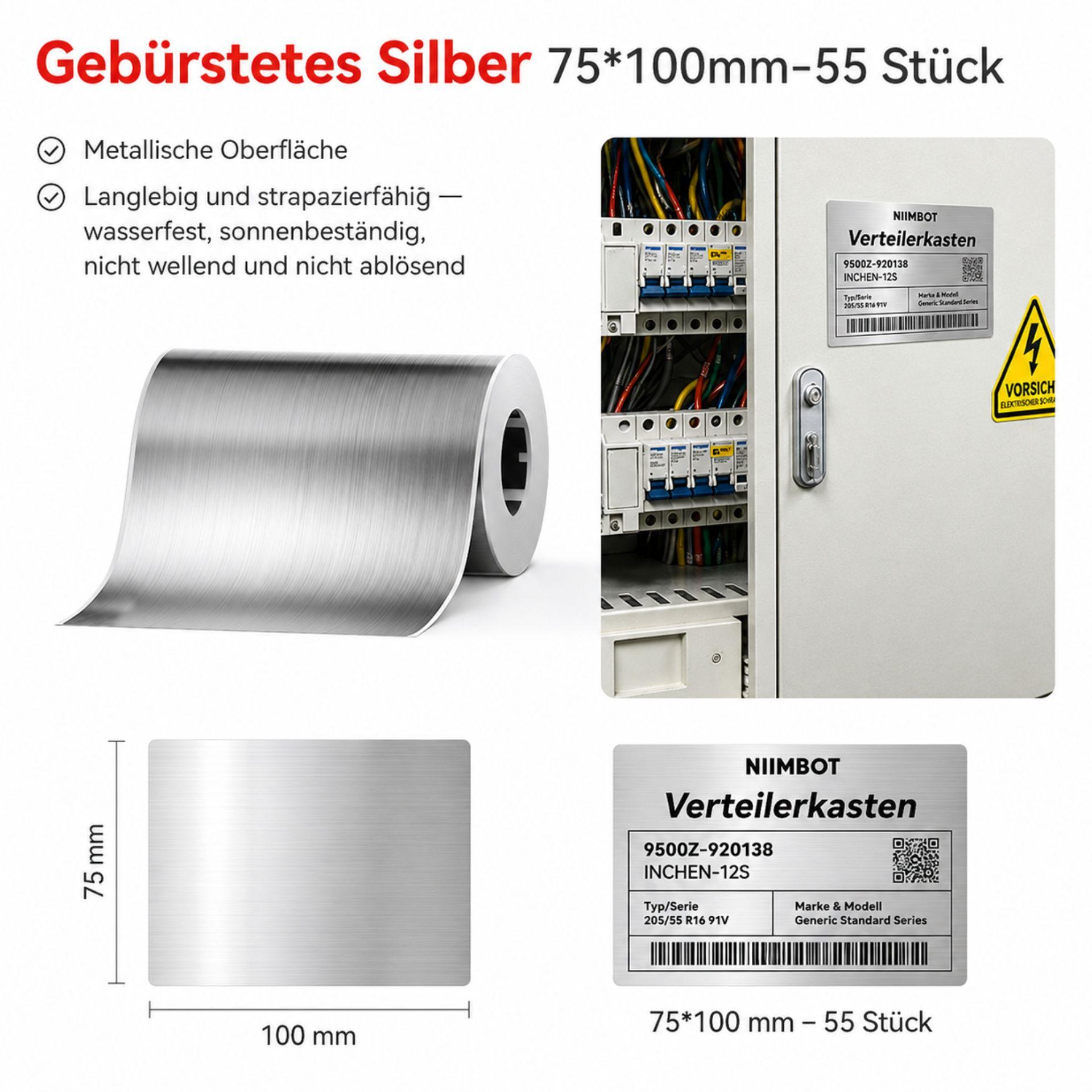 Étiquettes NIIMBOT M3 BS75x100 argent brossé, plaque signalétique industrielle, 1 rouleau = 55 pièce