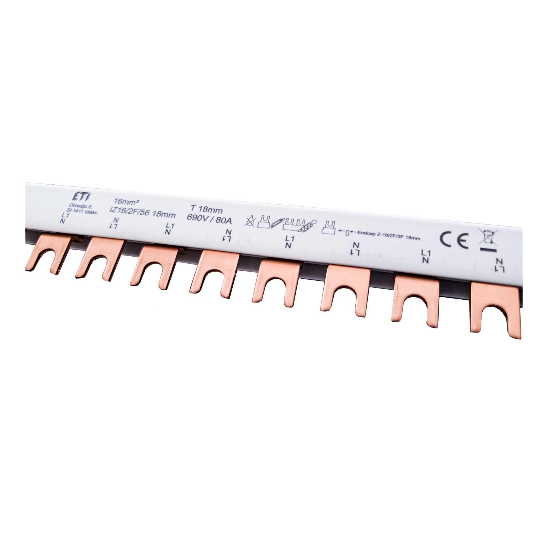 Insulated forked phase busbar 16mm2, (28x2P) P-P=18mm