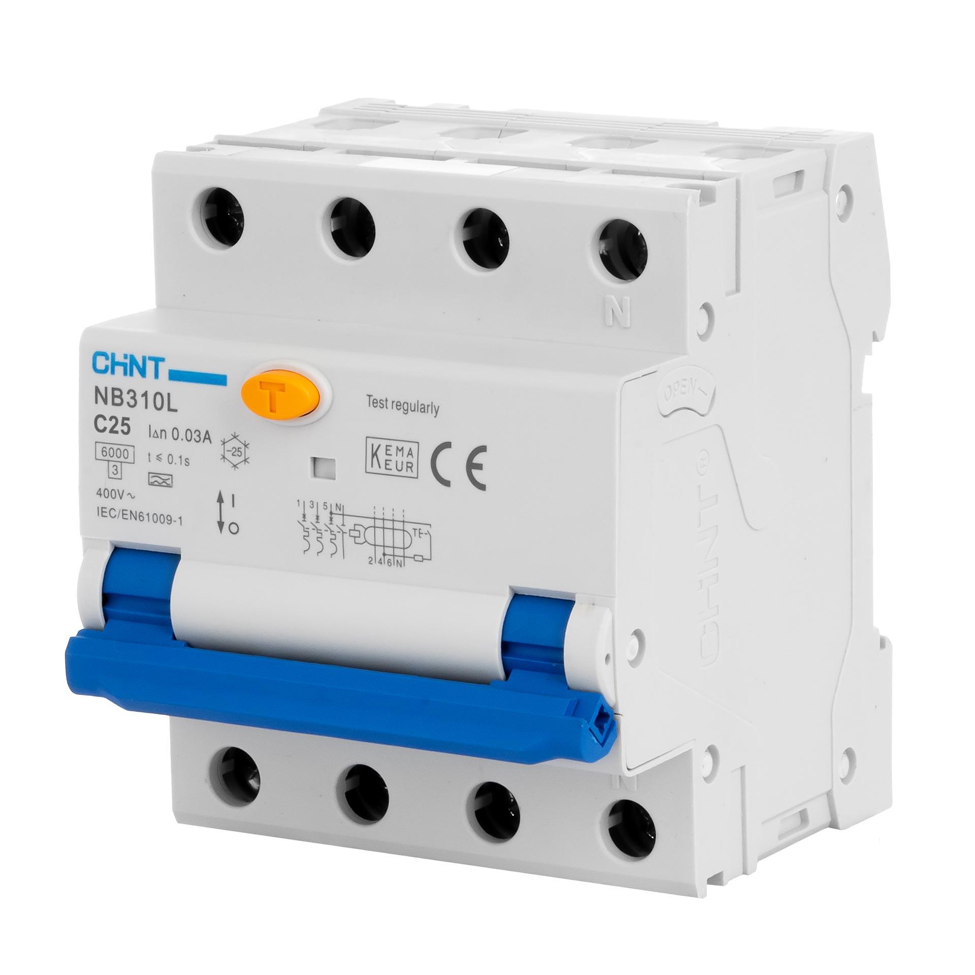 Chint DDR/PI - RCBO, type A, 3-pôle+N, caractéristique C / 25A, 6kA, 30mA, type NB310L