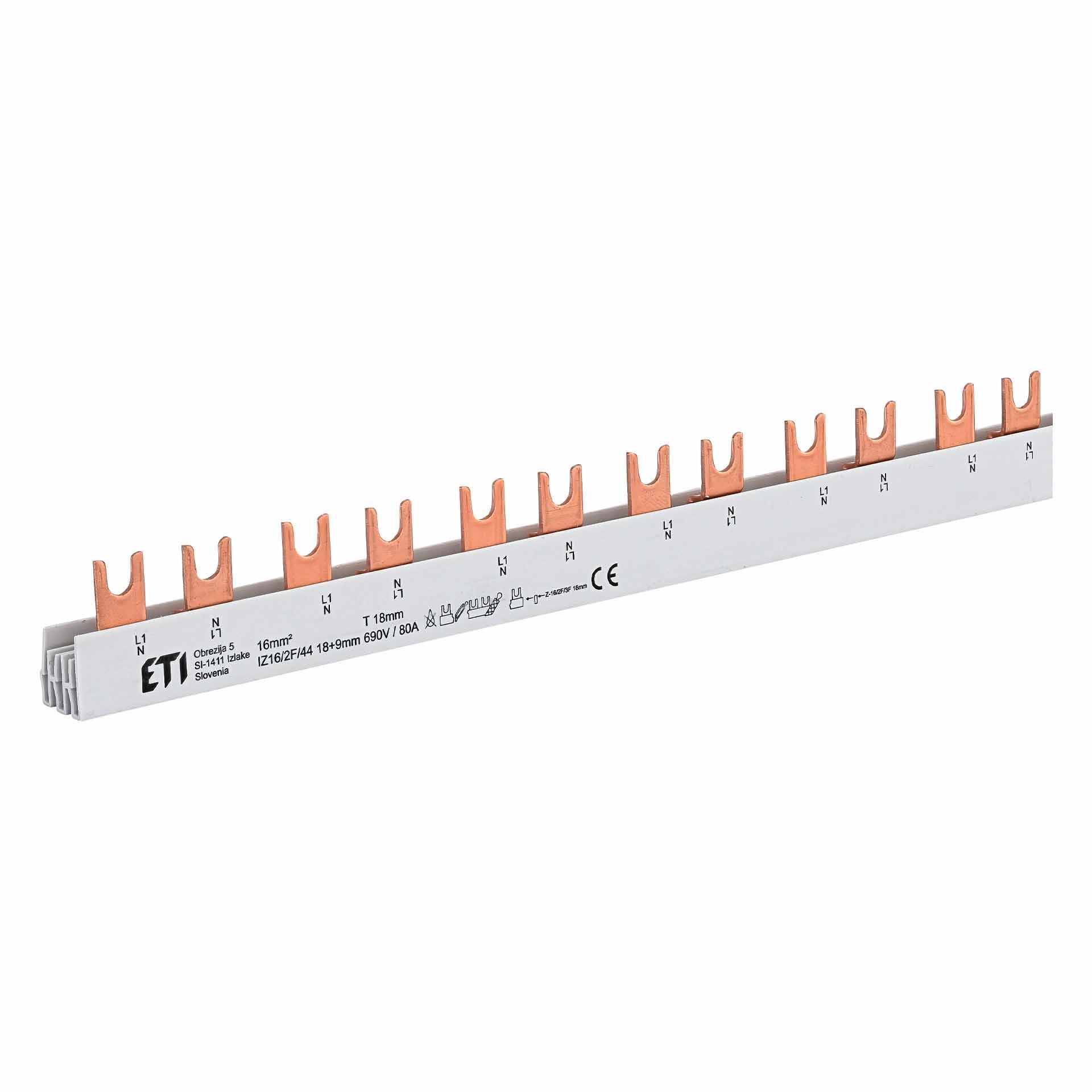 Sbarra di fase isolata, tagliabile, 2P con contatto ausiliario {L, N, HK}, 55 Mod. 990mm, 16mm, 80A